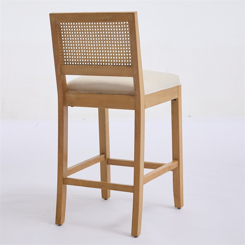 Set of 2 Solid Wood Rattan Bar Stools Comfort Linen Cushion High-Resilience Foam