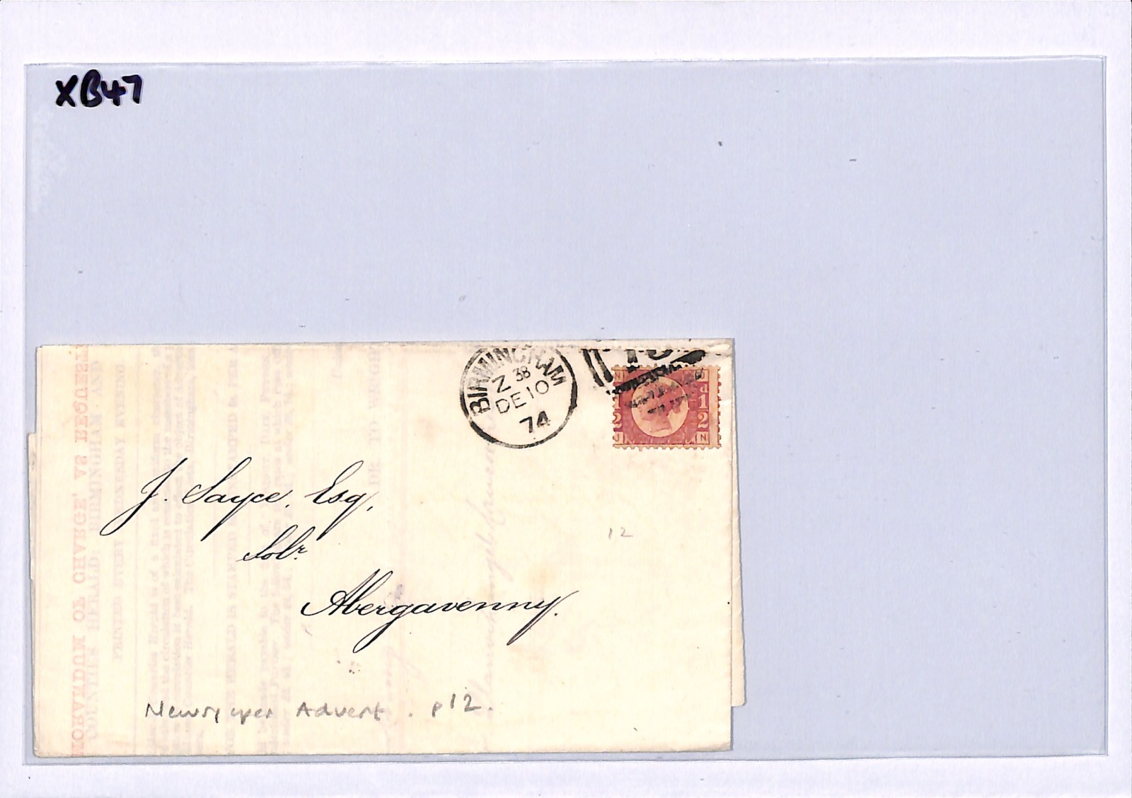 GB QV BANTAM ½d Plate 12 (JN) Cover Birmingham Advert EL 1874 Abergavenny XB47
