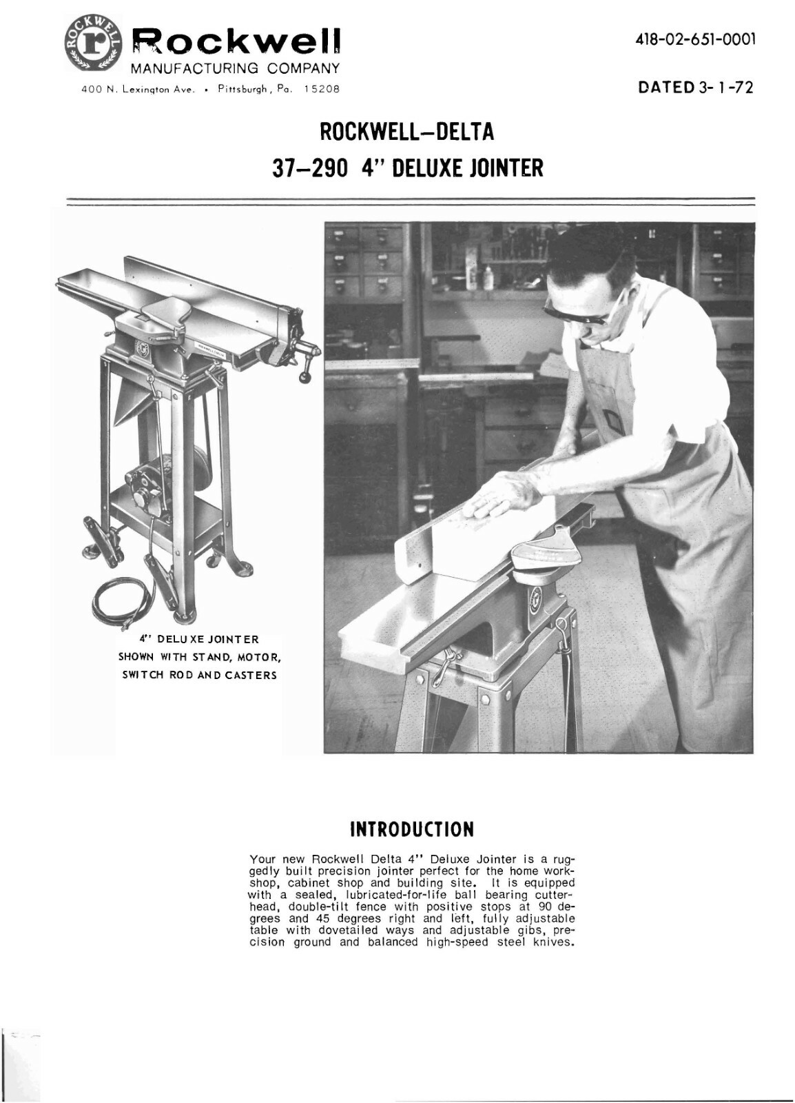Instruction Maint & Parts Manual 1972 Rockwell 37-290 4 inch Deluxe Jointer