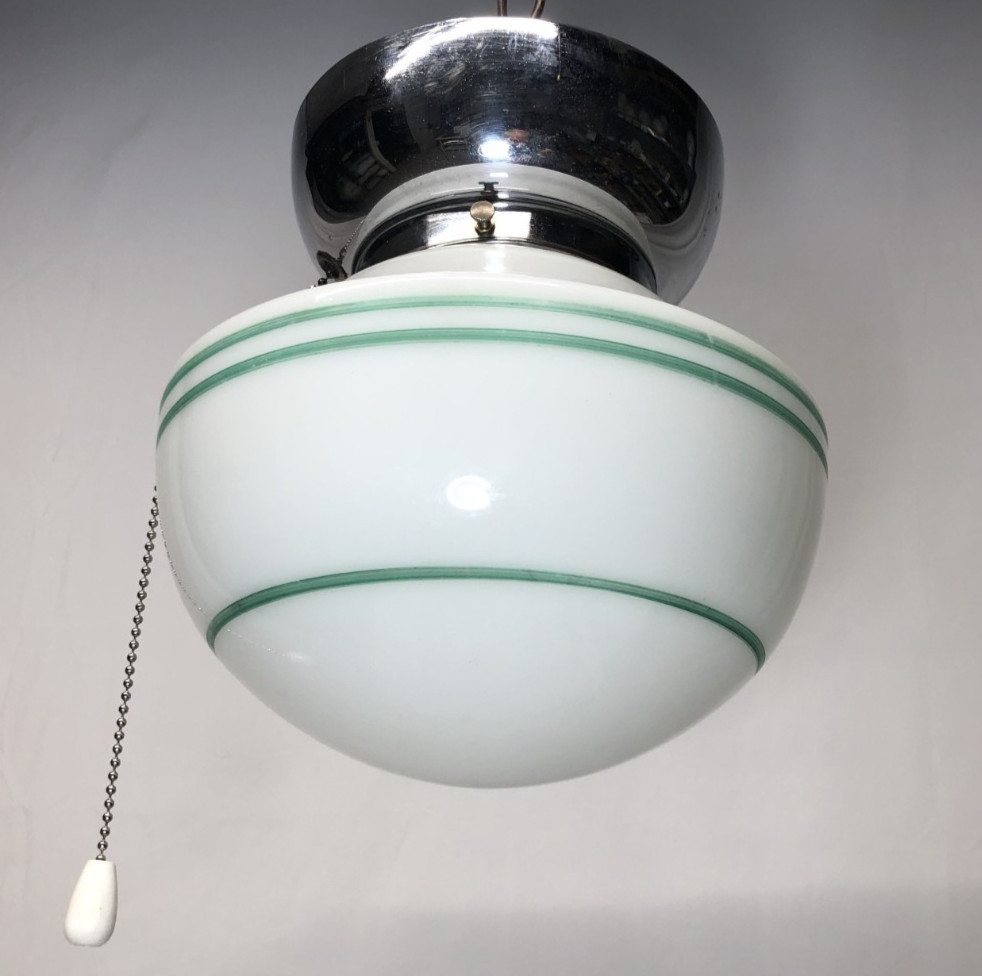 Antique Ceiling Light Chrome Fixture Art Deco Green Glass Shade Stripe USA #K92