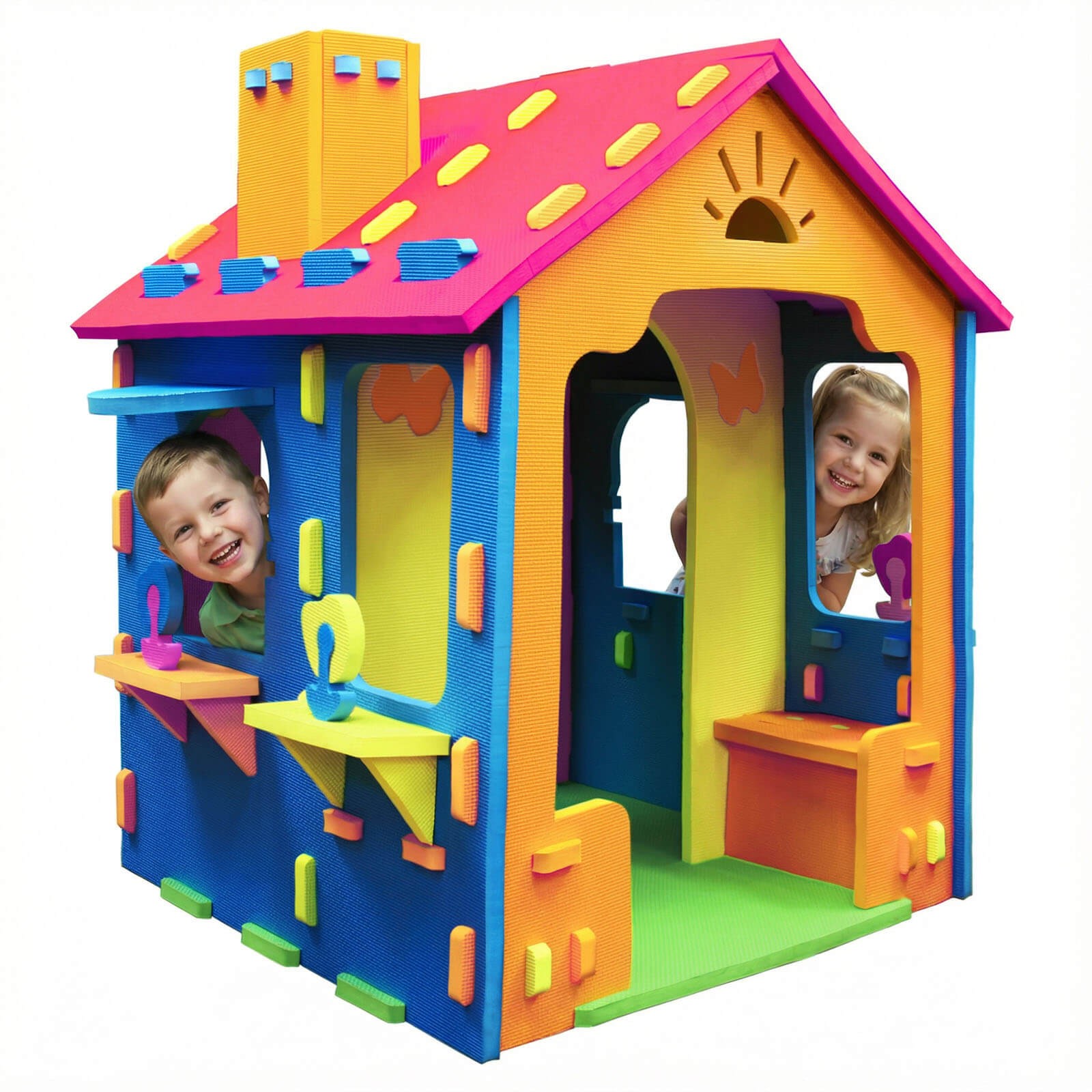 Kids EVA Foam Playhouse w/Roof, Chimney, Windows & Doorways for Creative Play