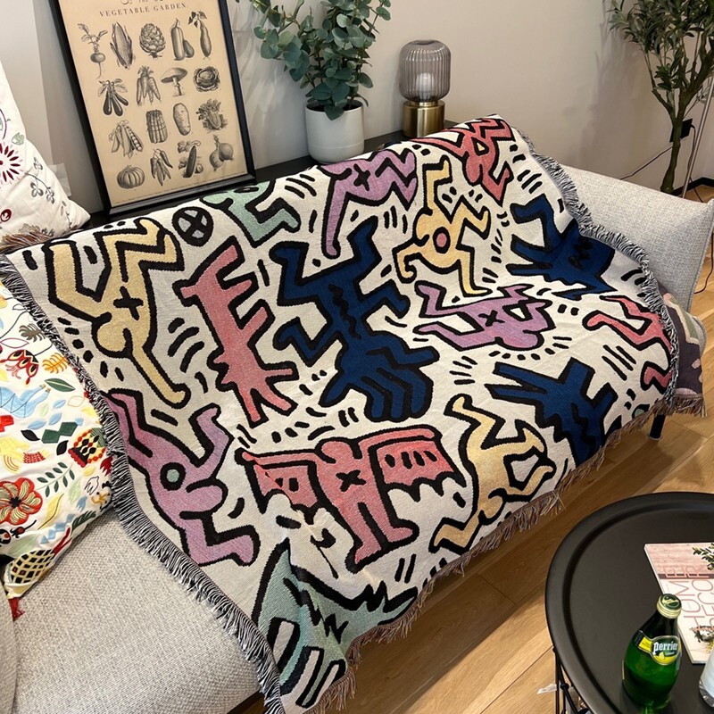 Keith Harring Colored Graffiti Casual Woven Tapestry Blanket Throws LGBTQ Decor