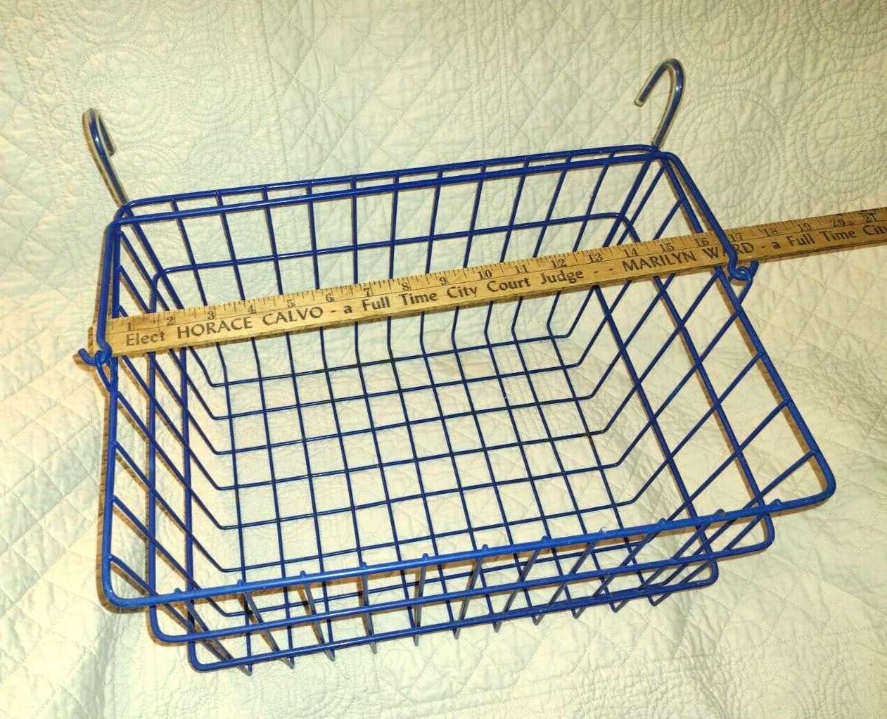 Old Blue Wire Bicycle Basket with Carrying Handle Front Porch Railing Basket Too