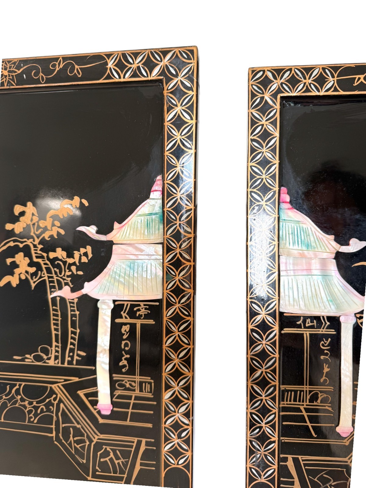 Vintage Chinese Black Lacquer Wall Panels 12x36 Mother of Pearl Inlay Set of 2