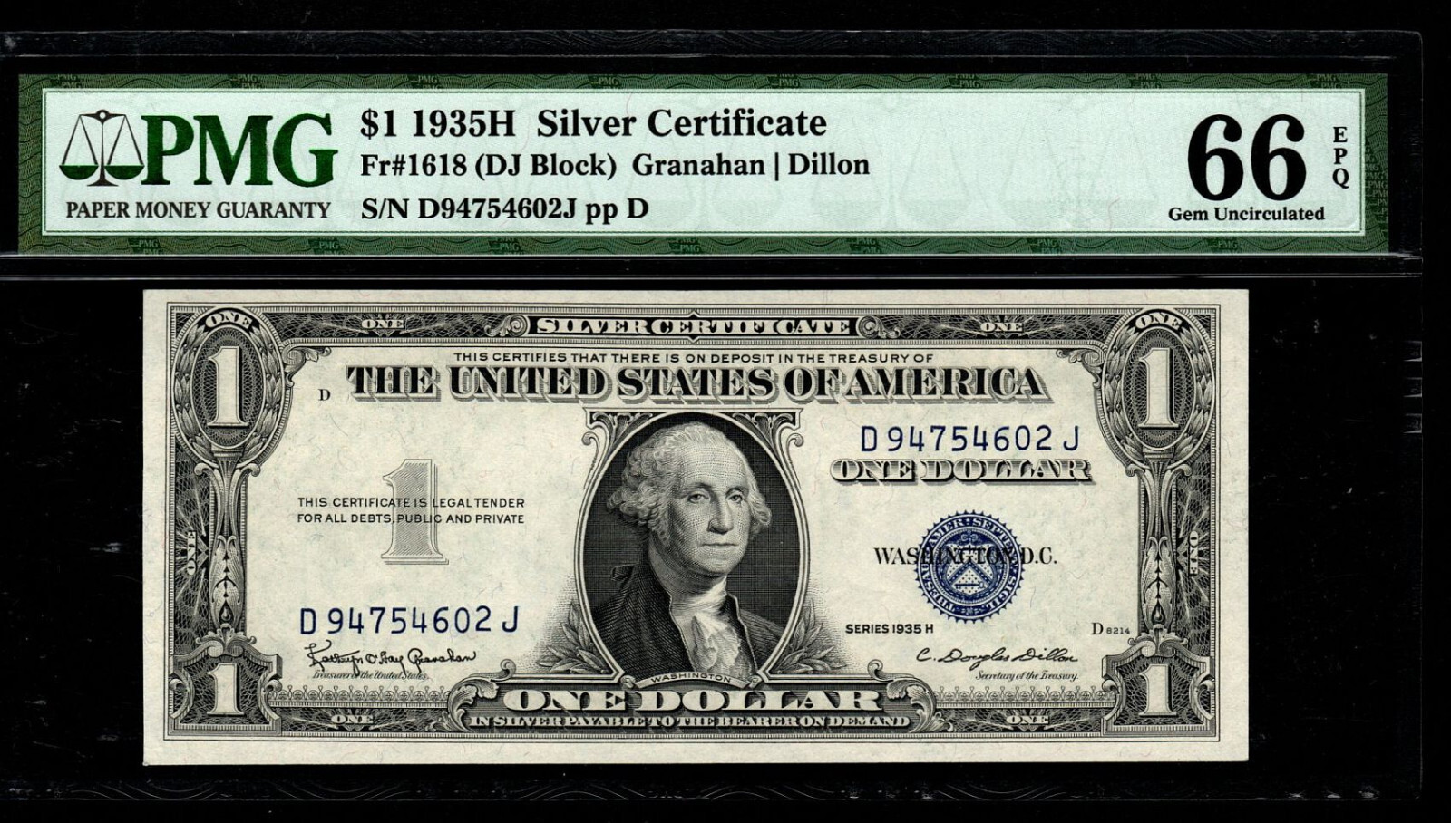 1935H $1 SILVER CERTIFICATE PMG GEM Uncirculated 66 EPQ Banknote DJ Block