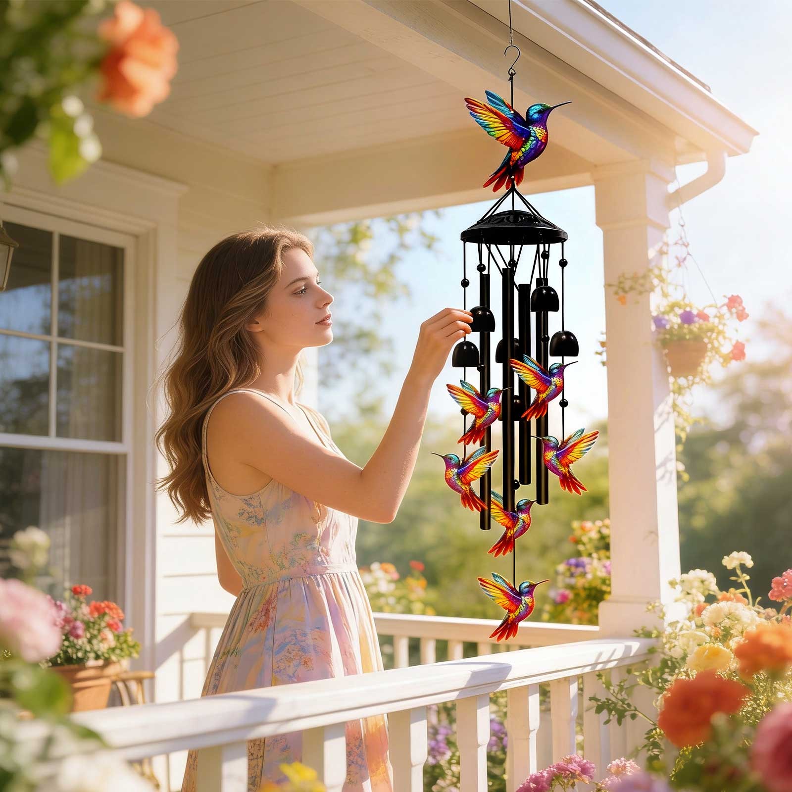Hummingbird Wind Chimes Outdoor Garden & Yard Decor Black Aluminum Tubes Hanging