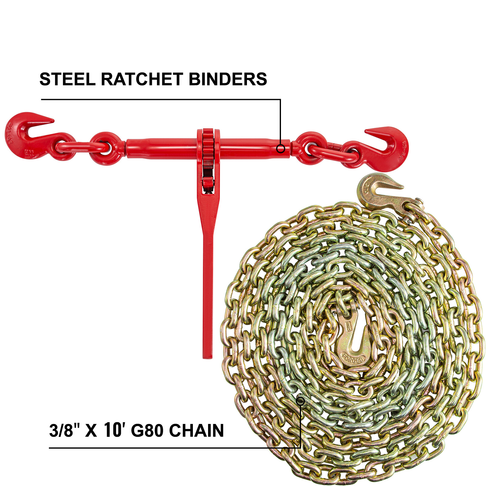 VEVOR Ratchet Load Binder Chain and Binder Kit 3/8"-1/2", 10' Chains Hauling