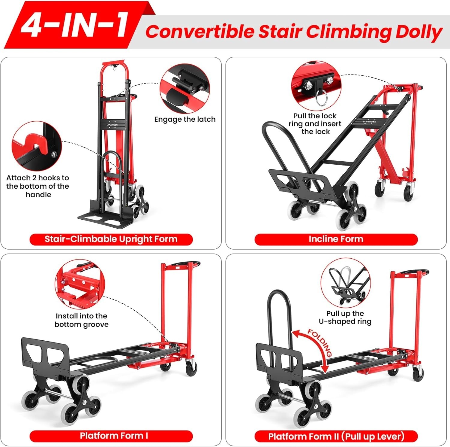 1000Lbs Stair Climbing Cart 4-in-1 Heavy Duty Folding Hand Truck Dolly w/Wheels