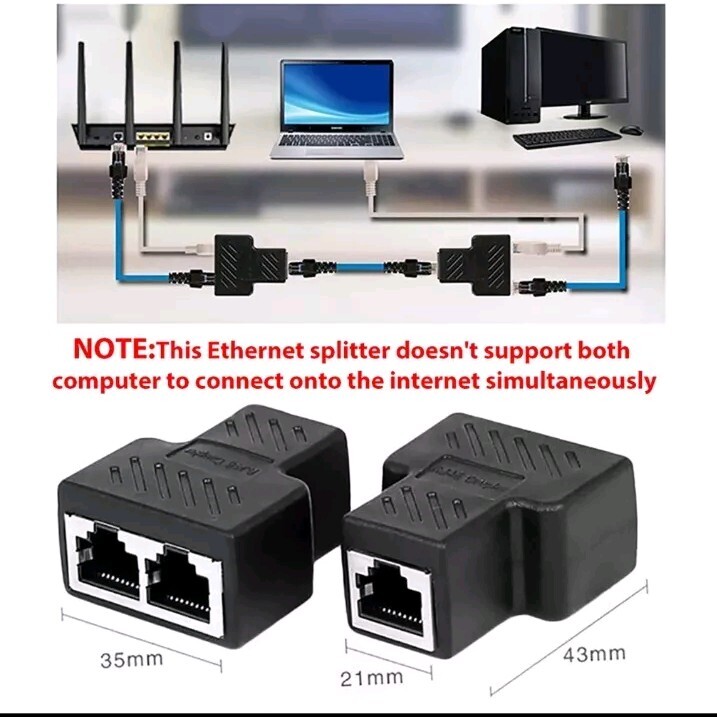 RJ45 Splitter Adapter 1 to 2 Ways Dual Female Port CAT6/5/7 LAN Ethernet Cable