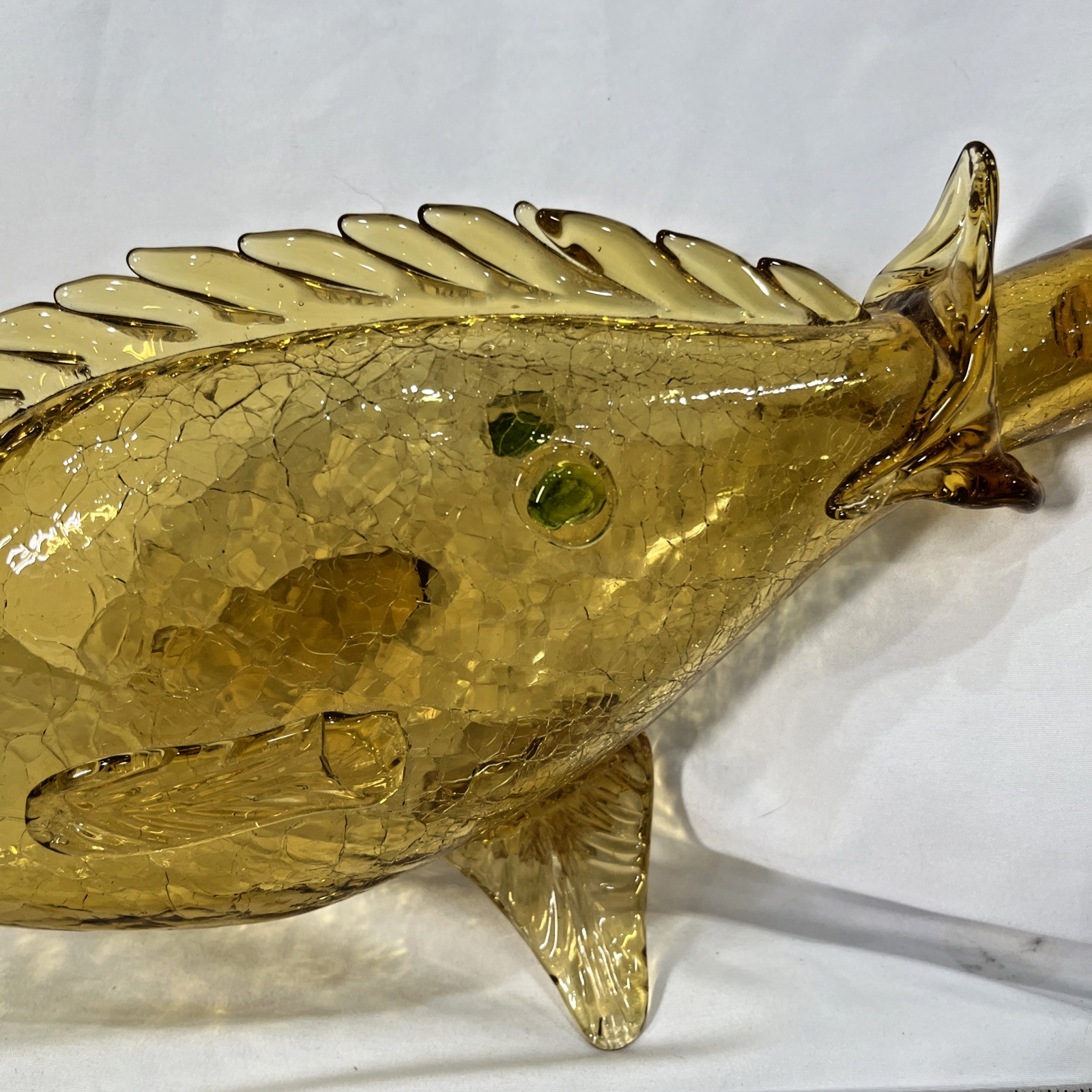 Vintage Amber Green Murano Crackle Glass Fish Decanter