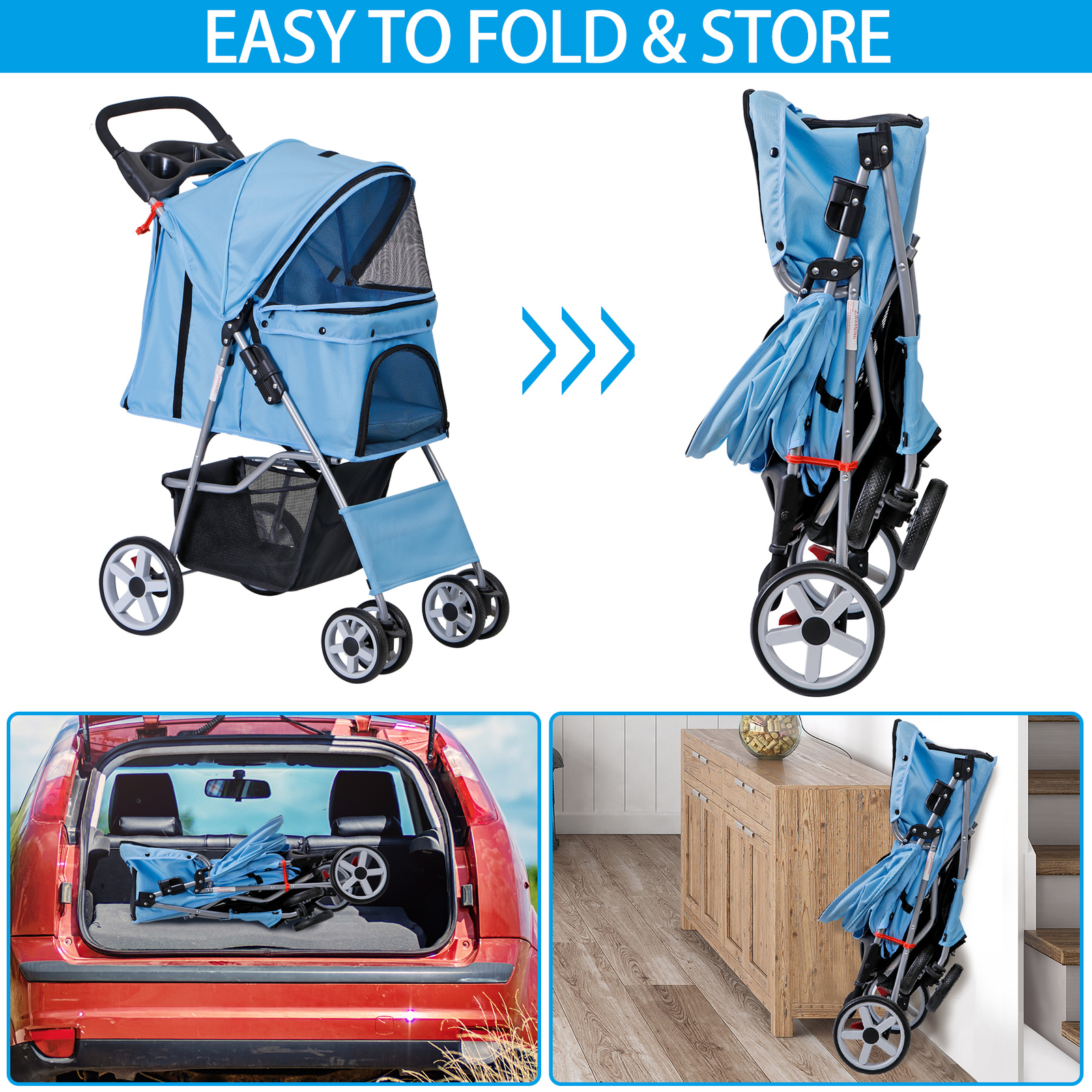 4 Wheels Pet Stroller Portable Dog Stroller w/ Storage Basket & Cup Holder Blue