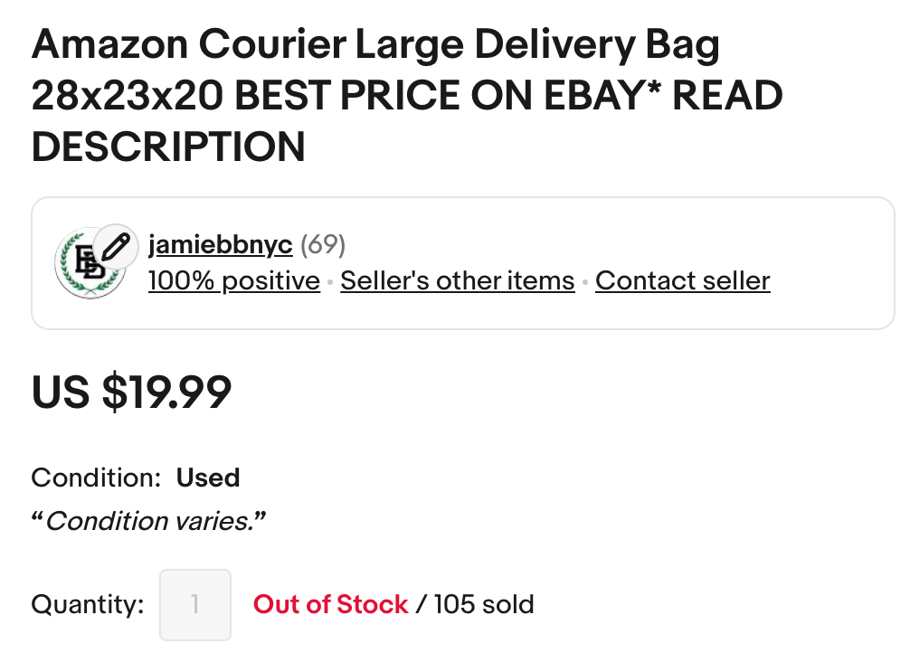 Amazon Courier Large Delivery Bag 28x23x20 *1 BAG*READ DESCRIPTION