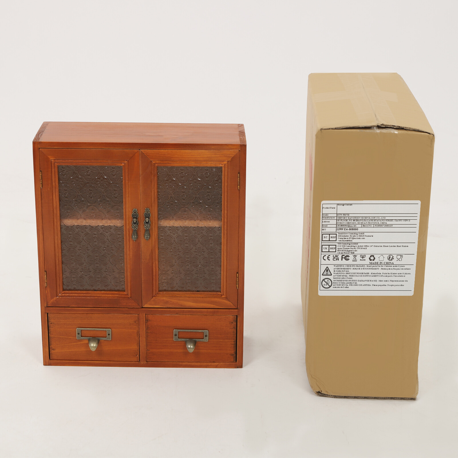 Wood Storage Cabinet, 2-tier Storage Cabinet with 2 drawers, Double Door Storage