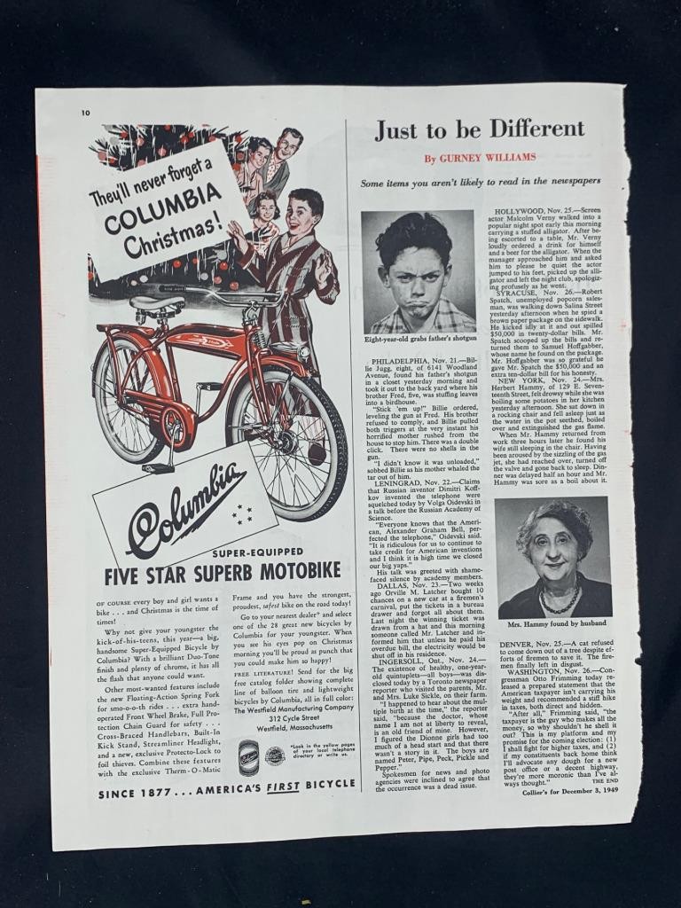 Magazine Ad* - 1949 - Columbia Bicycles - Motobike - (#2)