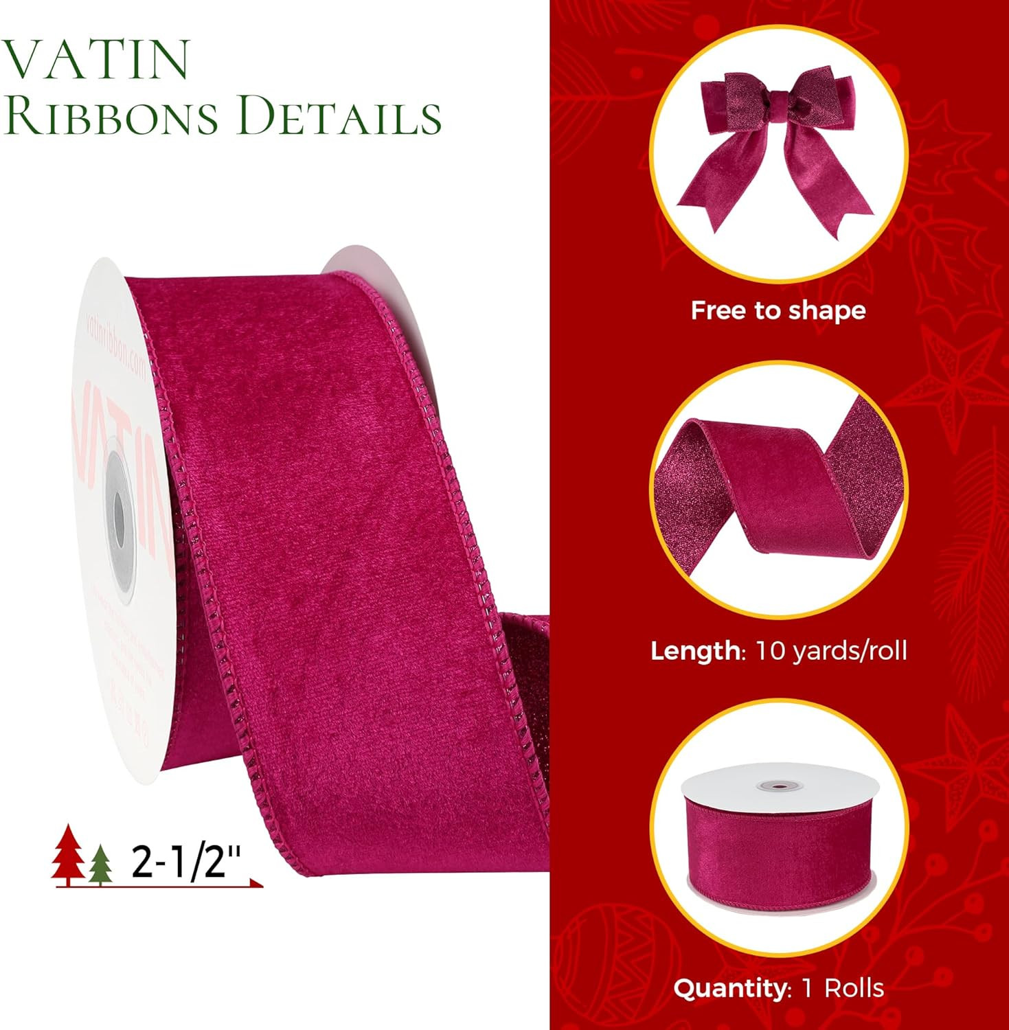 Hot Pink Velvet Ribbon, 2-1/2-Inch X 10 Yards, Ribbons for Crafts, Gift Wrapping
