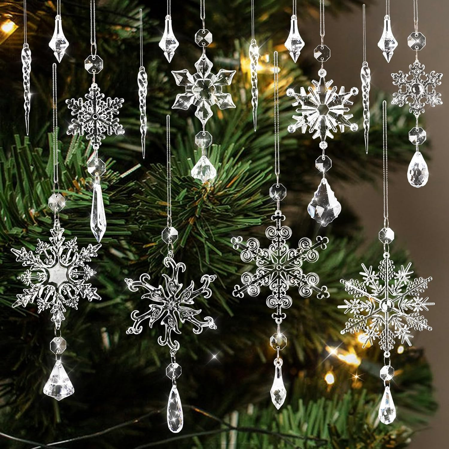 16Pcs Crystal Snowflake Christmas Tree Ornaments - Festive Holiday Decor