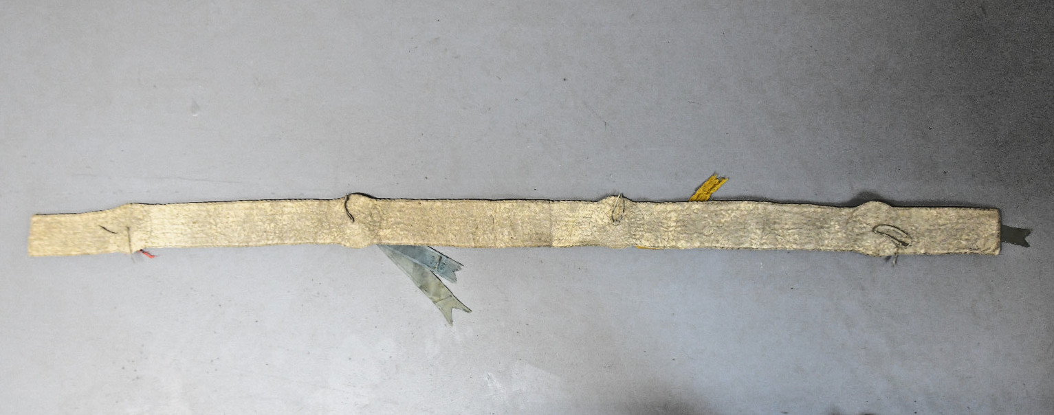 1890s Sioux Woman's Beaded Hide Blanket Strip w/Silk Ribbons 58" Long 2.75" Wide