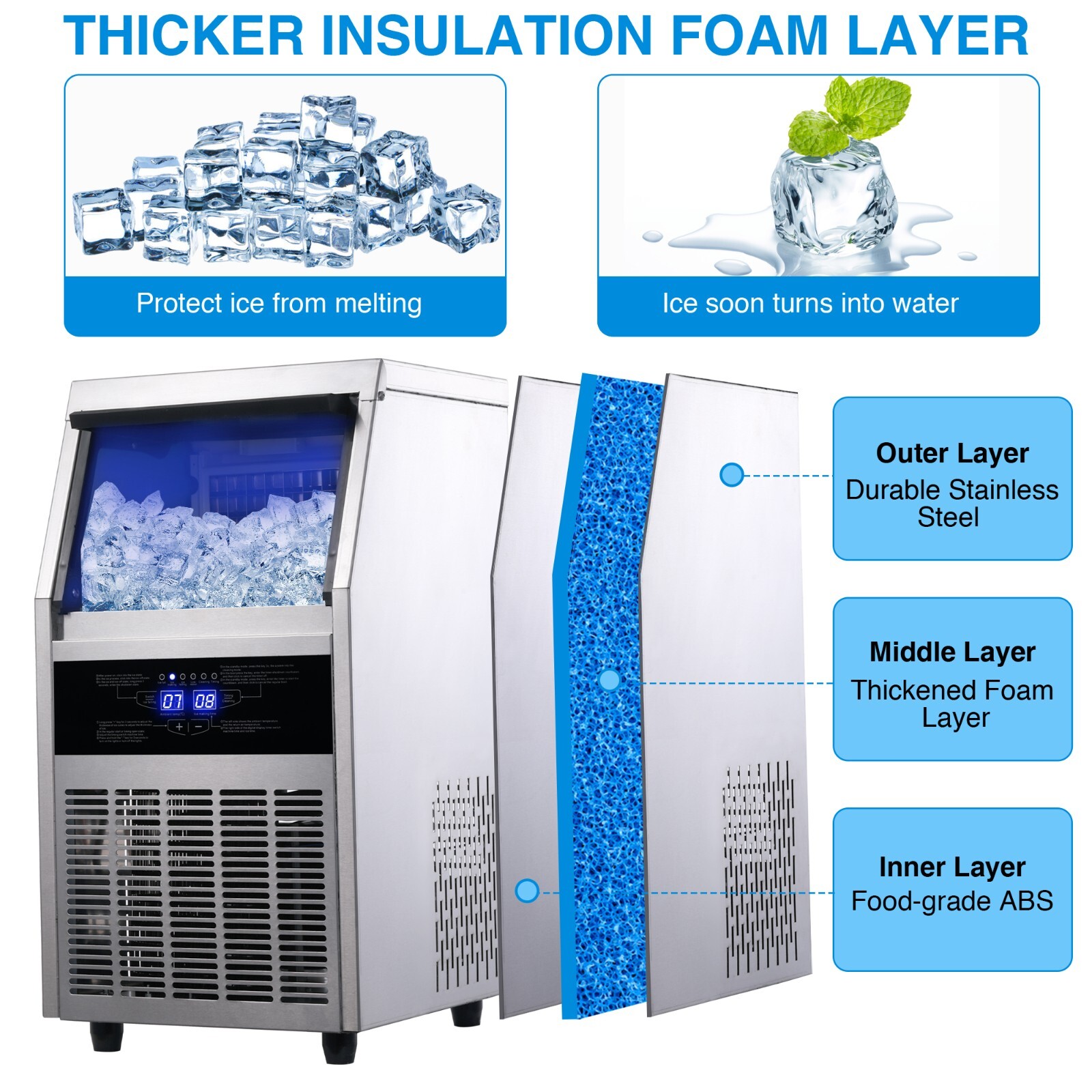 Commercial Ice Maker 150lbs Stainless Steel Built-in Cube Machine Bar Restaurant