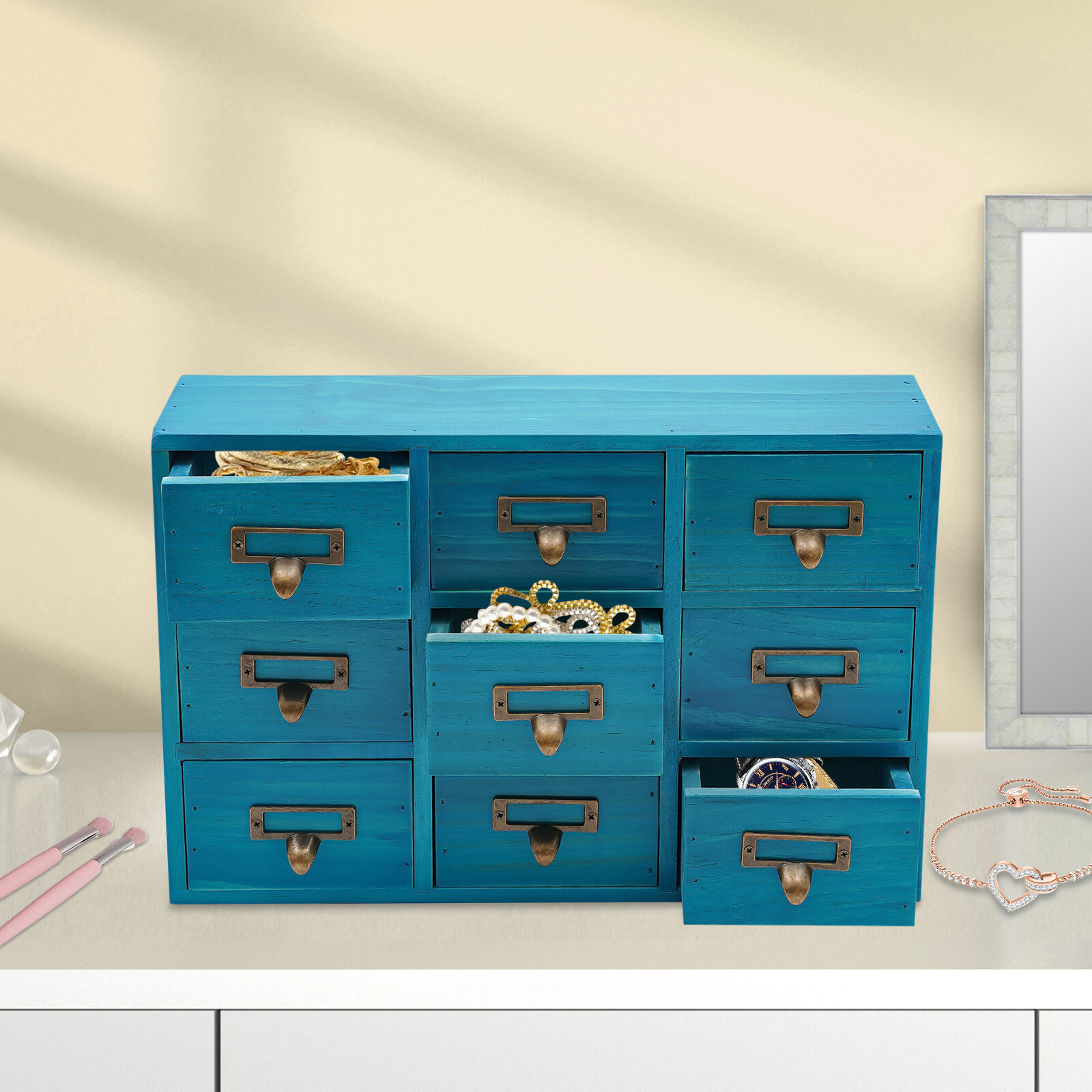 9 Drawers Apothecary Cabinet Case Wooden Desk Drawer Organizer Herb Storage Box