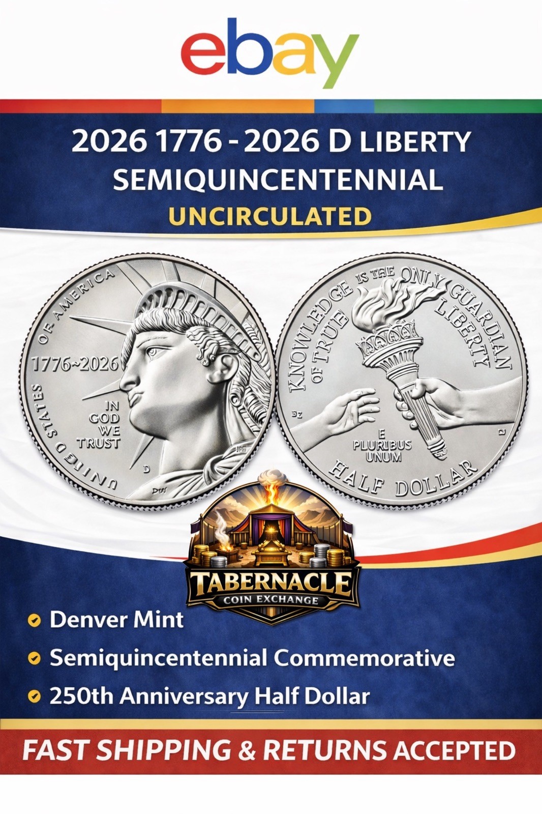 (1) 1776-2026 D Liberty Semiquincentennial Half Dollar,  UNC fast ship!