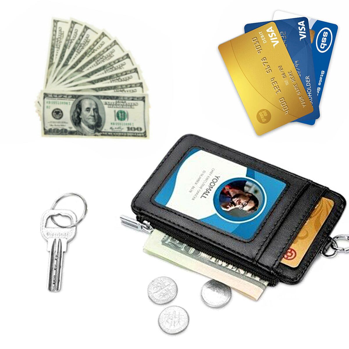 ID Badge Card Holder Synthetic Leather Vertical Clip Neck Strap Lanyard Case