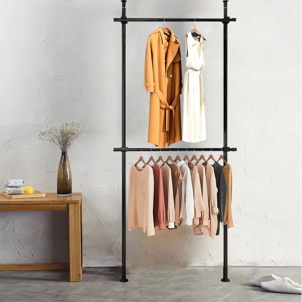 2 Tier Clothes Storage Hanger Organizer Ceiling Top & Floor Metal Closet Garm...