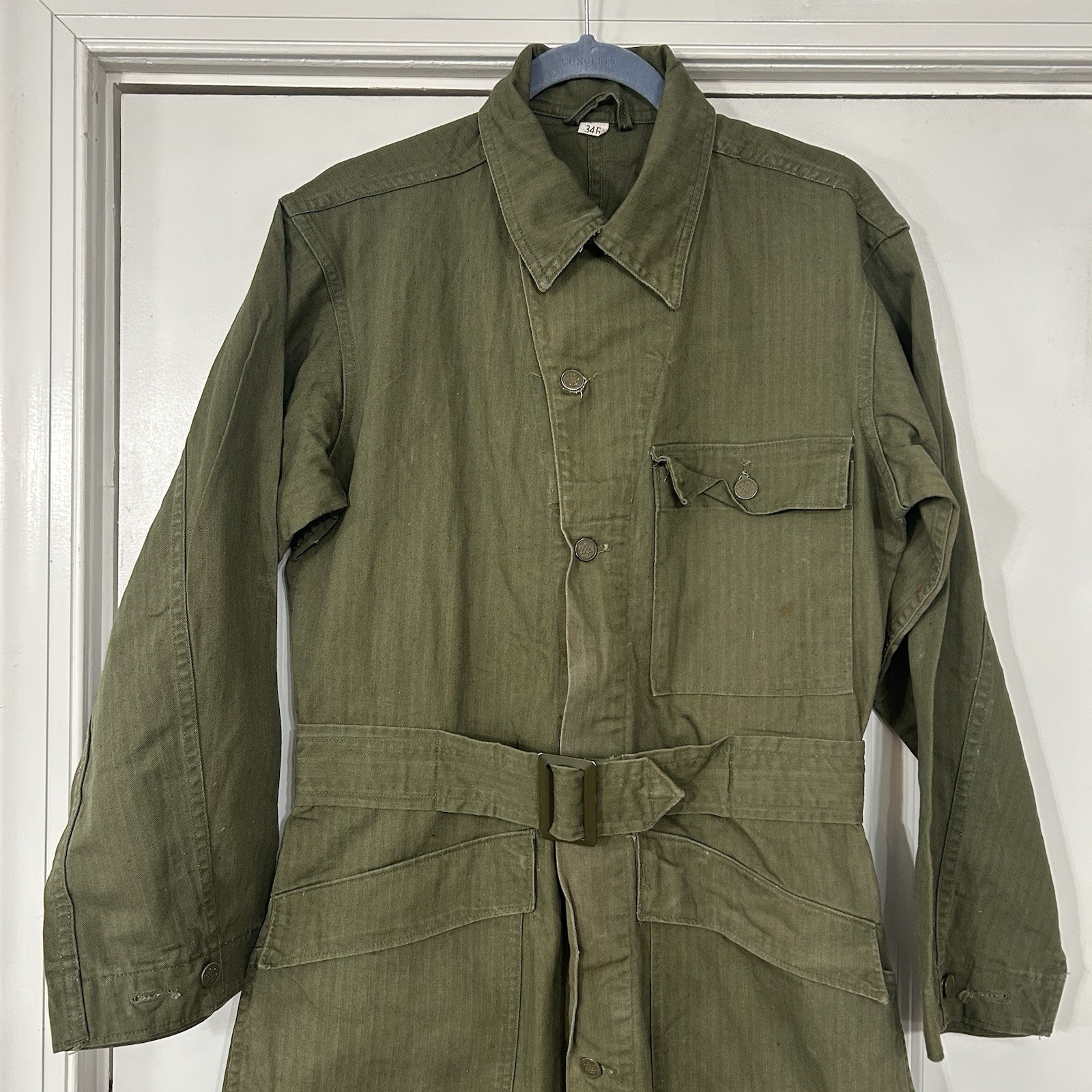 Vintage 1940s WW2 US Army HBT 13 Star Buttons Herringbone Coveralls Jumpsuit 34R