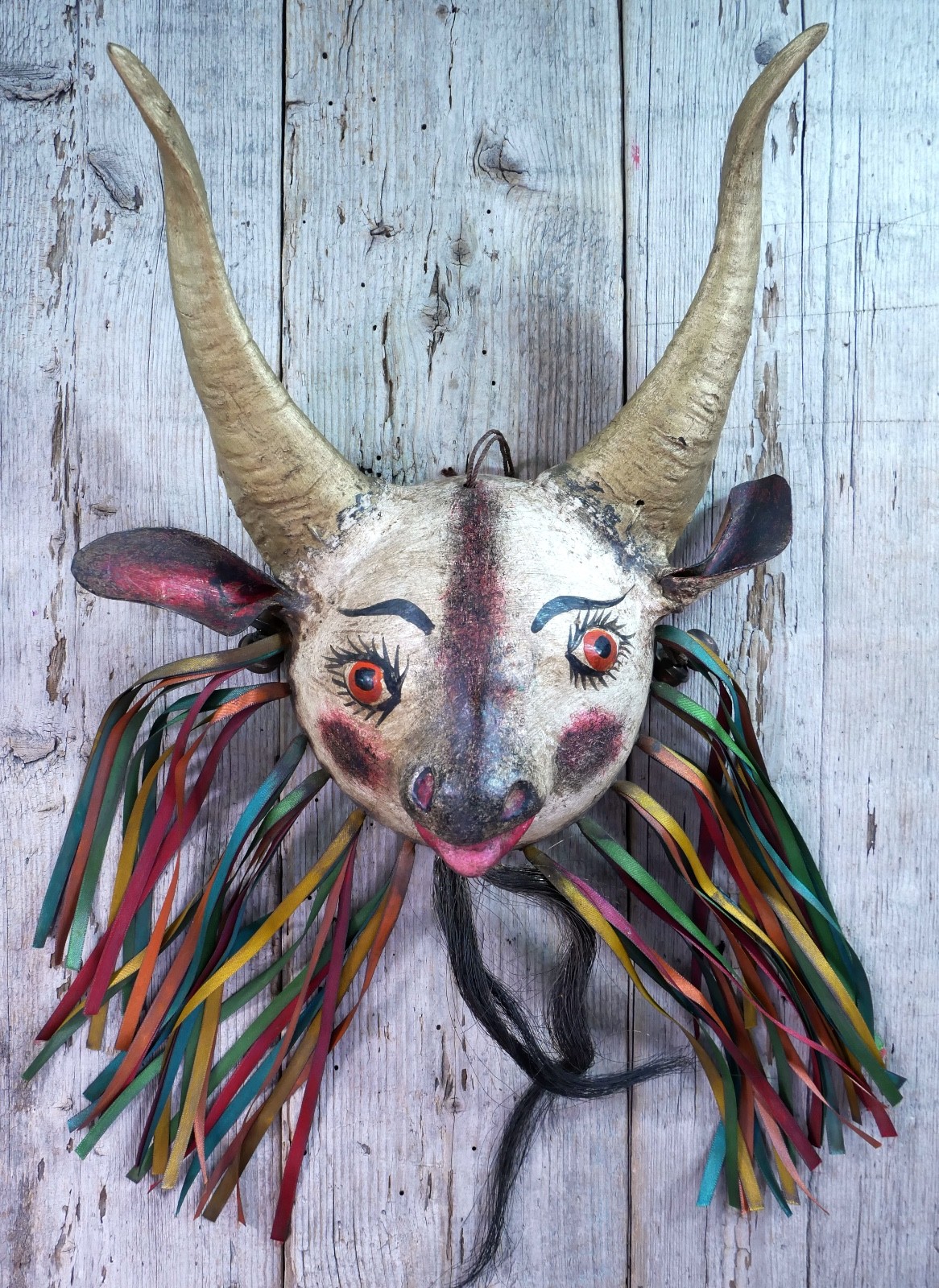 Coconut Goat Mask with Hair Beard Real Horns Handmade Guerrero Mexican Folk Art