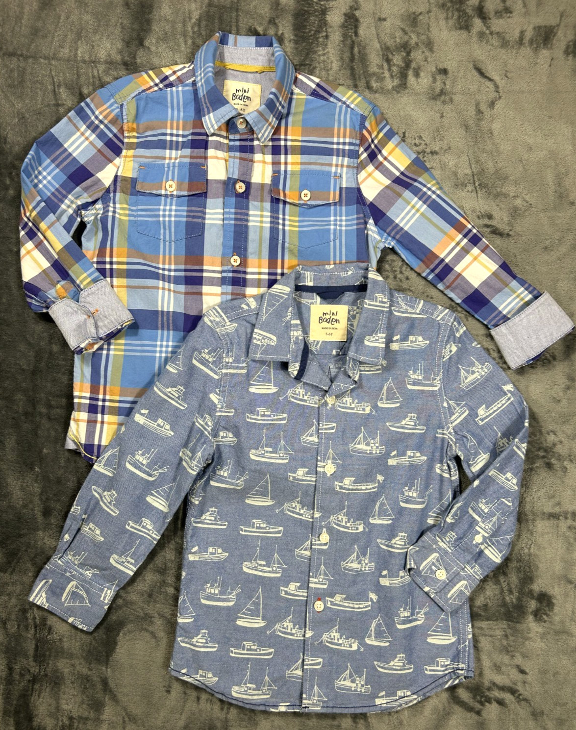 Mini Boden Button Up Shirt 5-6 Y EUC LOT of 2 Blue Plaid and Sailboats