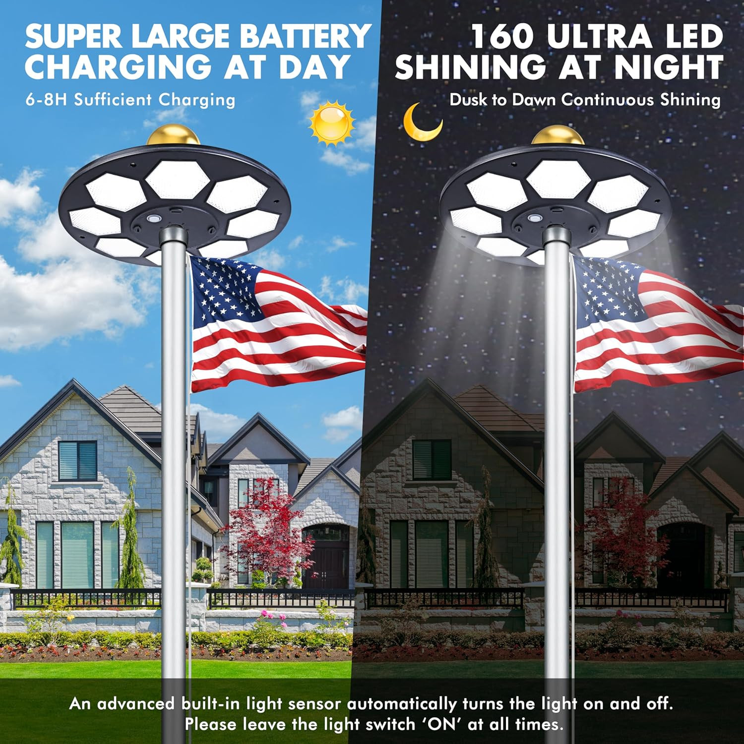 Solar Flagpole LED Light,Black 160 LED Ultra Bright Flag Pole Light for 15-25 Ft