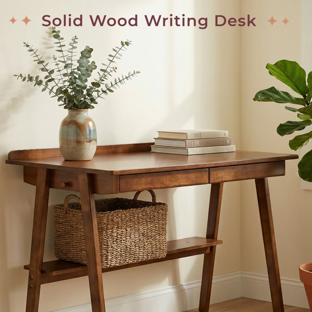 Solid Wood Writing Desk, Mid-Century Modern with 2 Drawers & Shelf