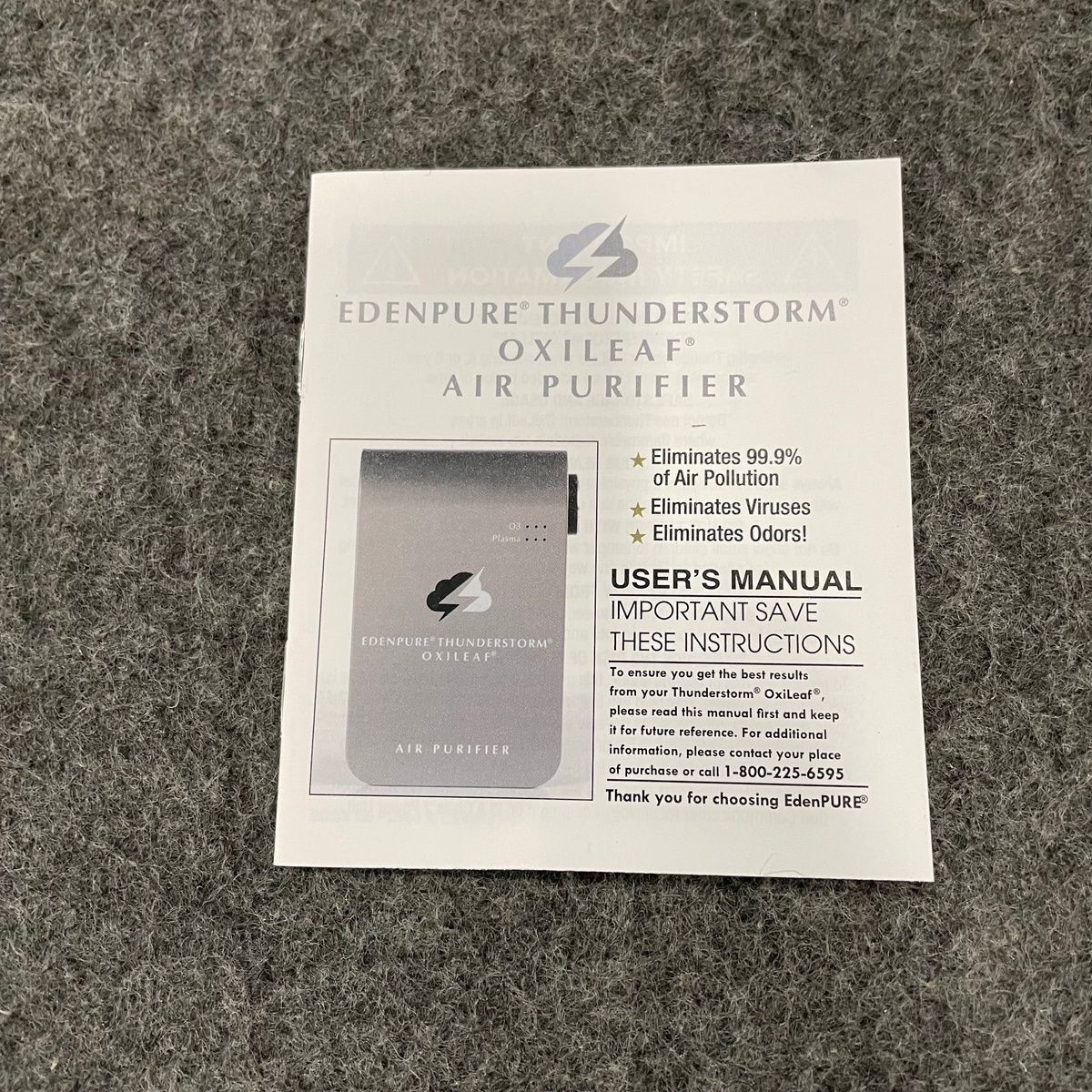 EDENPURE A6030/B Thunderstorm Oxileaf Plug In Air Purifier 110-120VAC 60Hz 5VDC