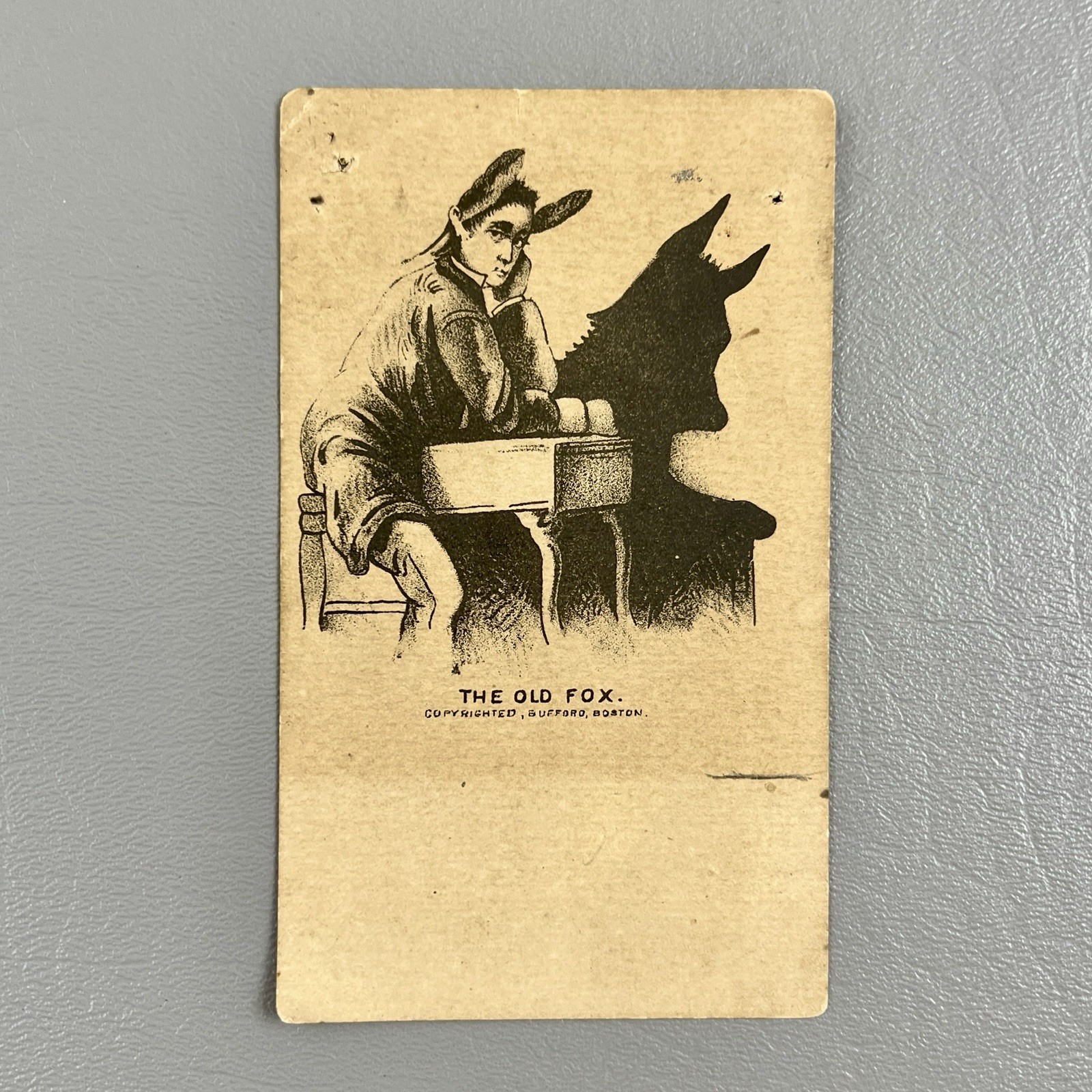 Victorian Trade Card The Old Fox Copyright Boston Metaphorical Man At Desk
