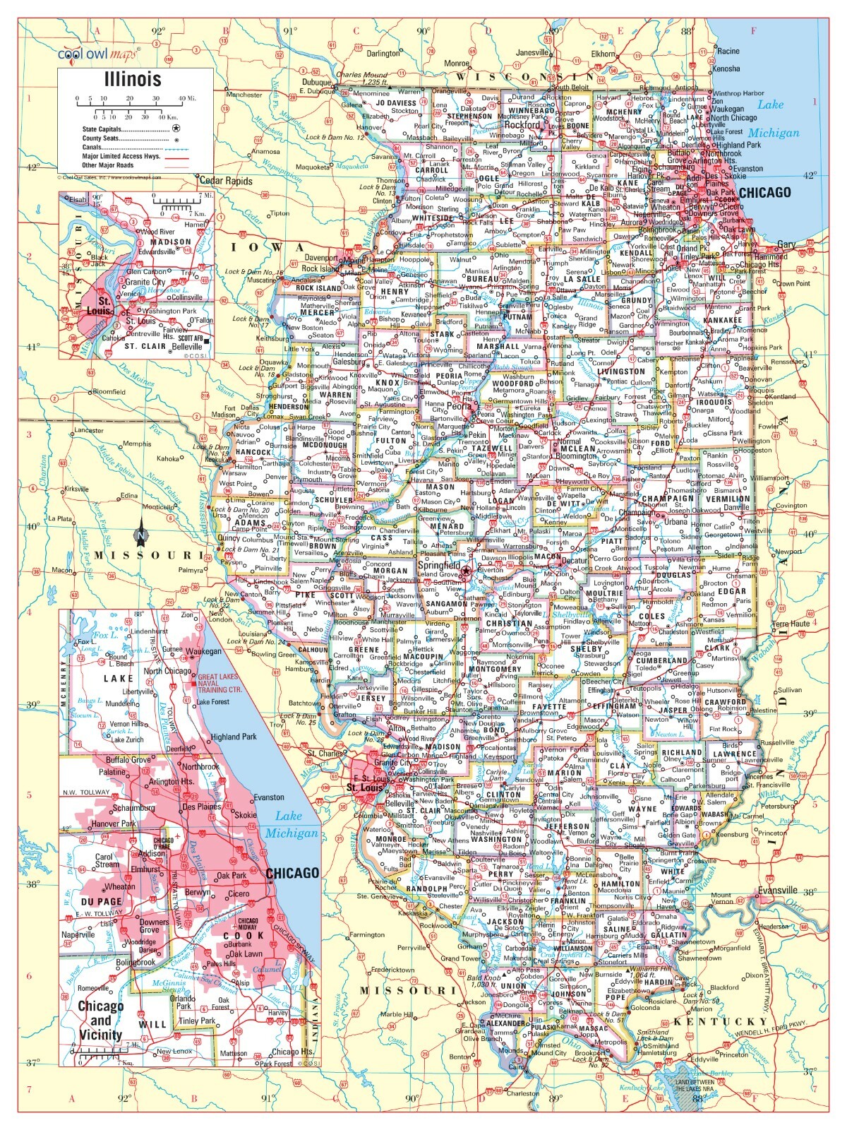 Illinois State Wall Map Poster Large Print 24"Wx32"H