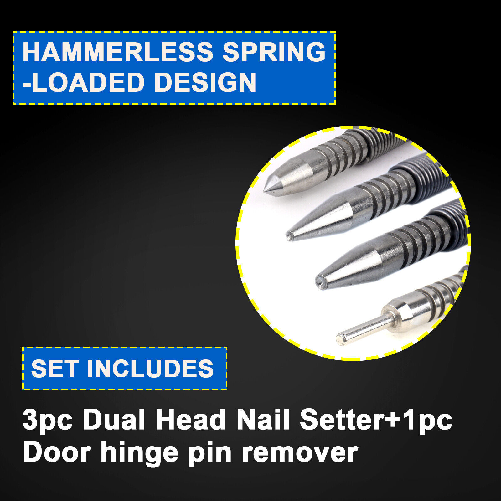 Spring Loaded Nail Set,4pcs Dual Head Nail Setter, Door Hinge Pin Punch Remover