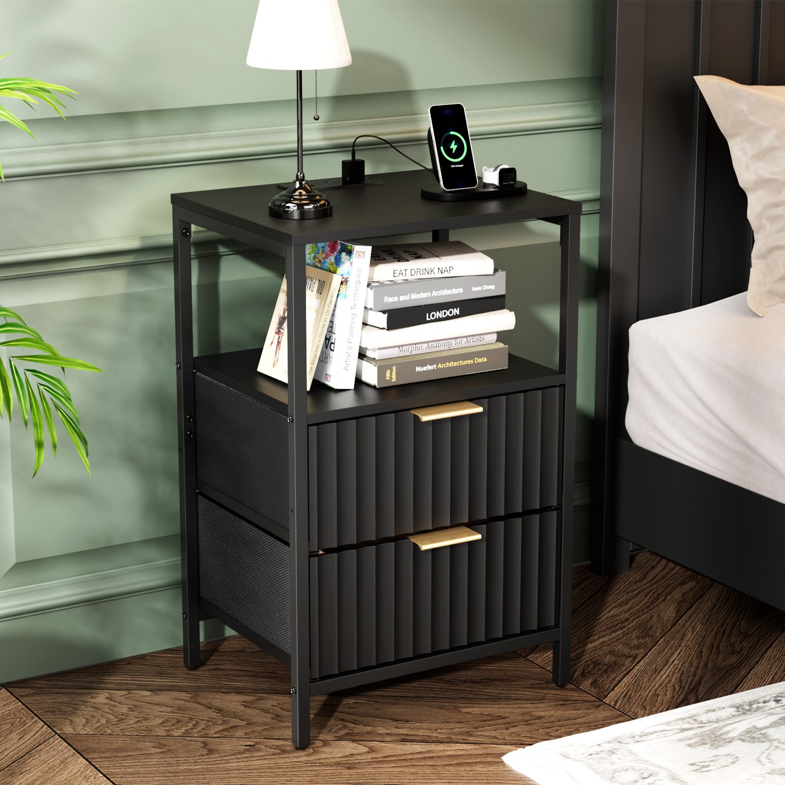 Nightstand with Charging Station Fabric Drawers Fluted Night Stand for Bedroom
