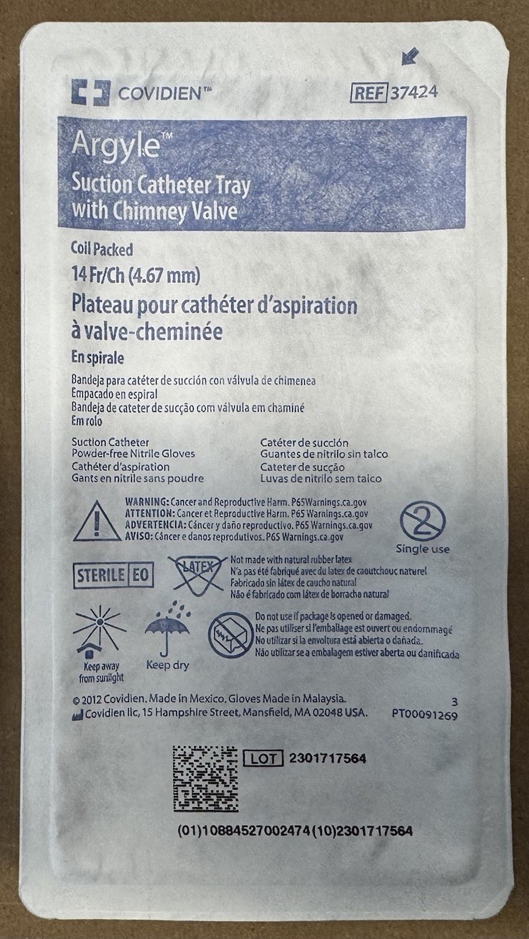 Cardinal Argyle Suction Catheter Tray W/ Chimey Valve 14 Fr/Ch 37424 Case 150pcs