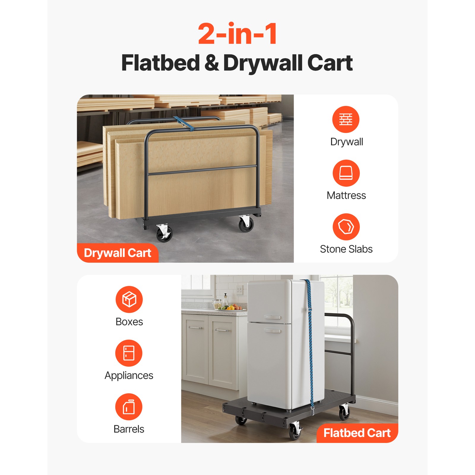 Uimoso Drywall Cart Dolly 1800 lbs Capacity 2-in-1 Steel Panel Truck 3Handrails