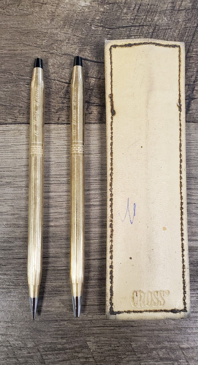 Cross 1/20 10k gold filled pen & pencil set  blue ink  greek border  10 year