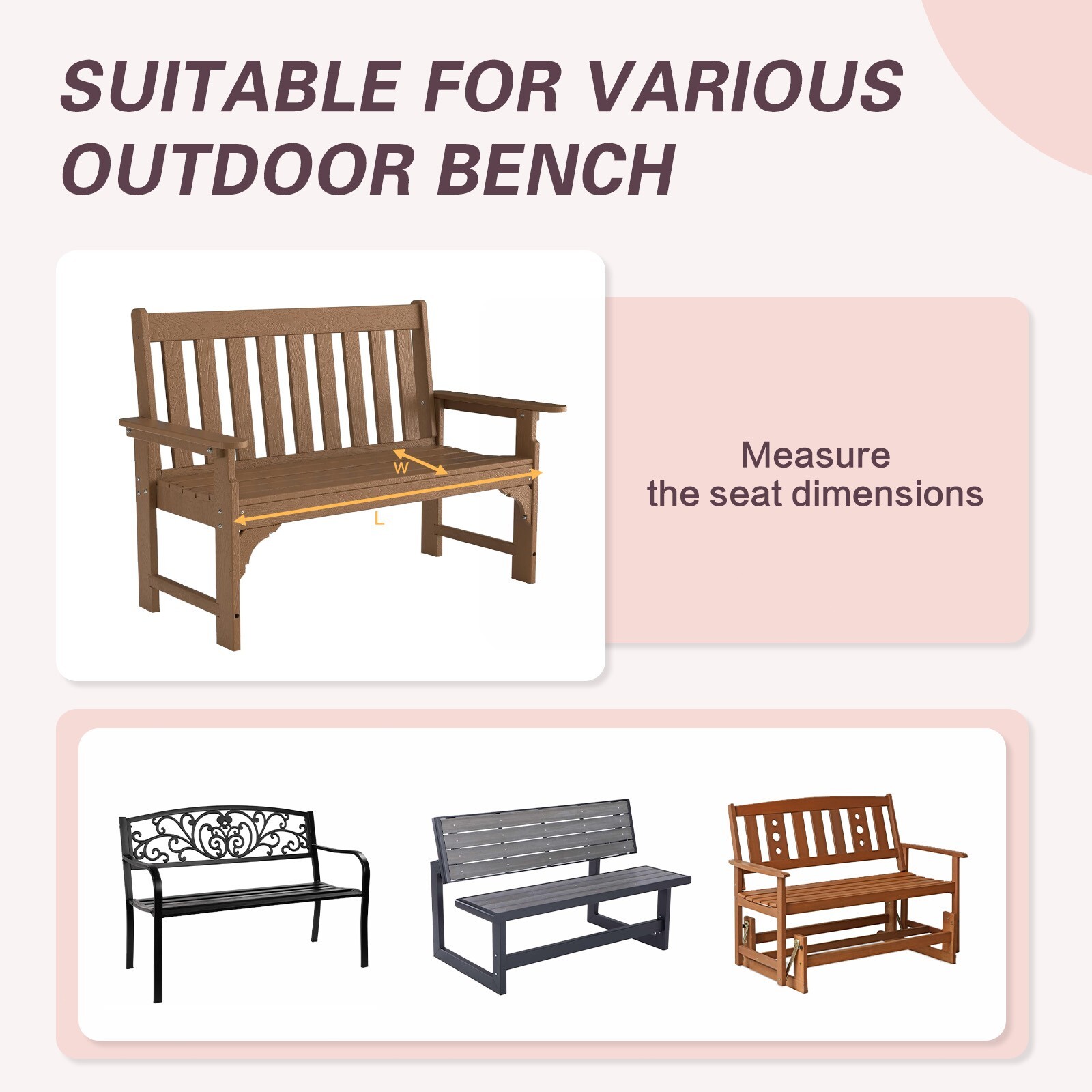 Aoodor 3 Seater Outdoor Bench Cushion Porch Swing Cushion w/Ties Replacement Pad