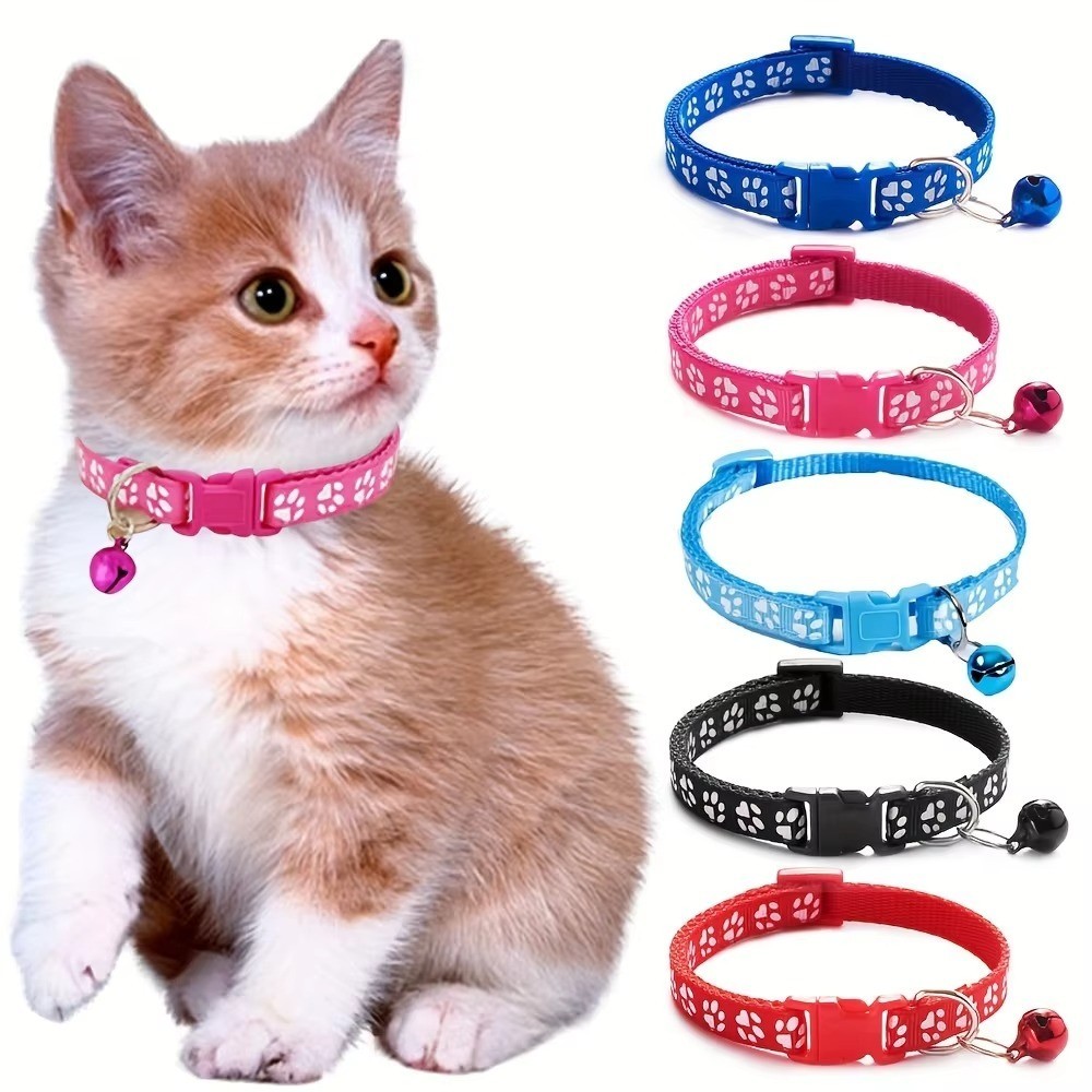Adjustable Cat Collar with Bell & Cute Paw Print Pendant Breakaway Safety Buckle