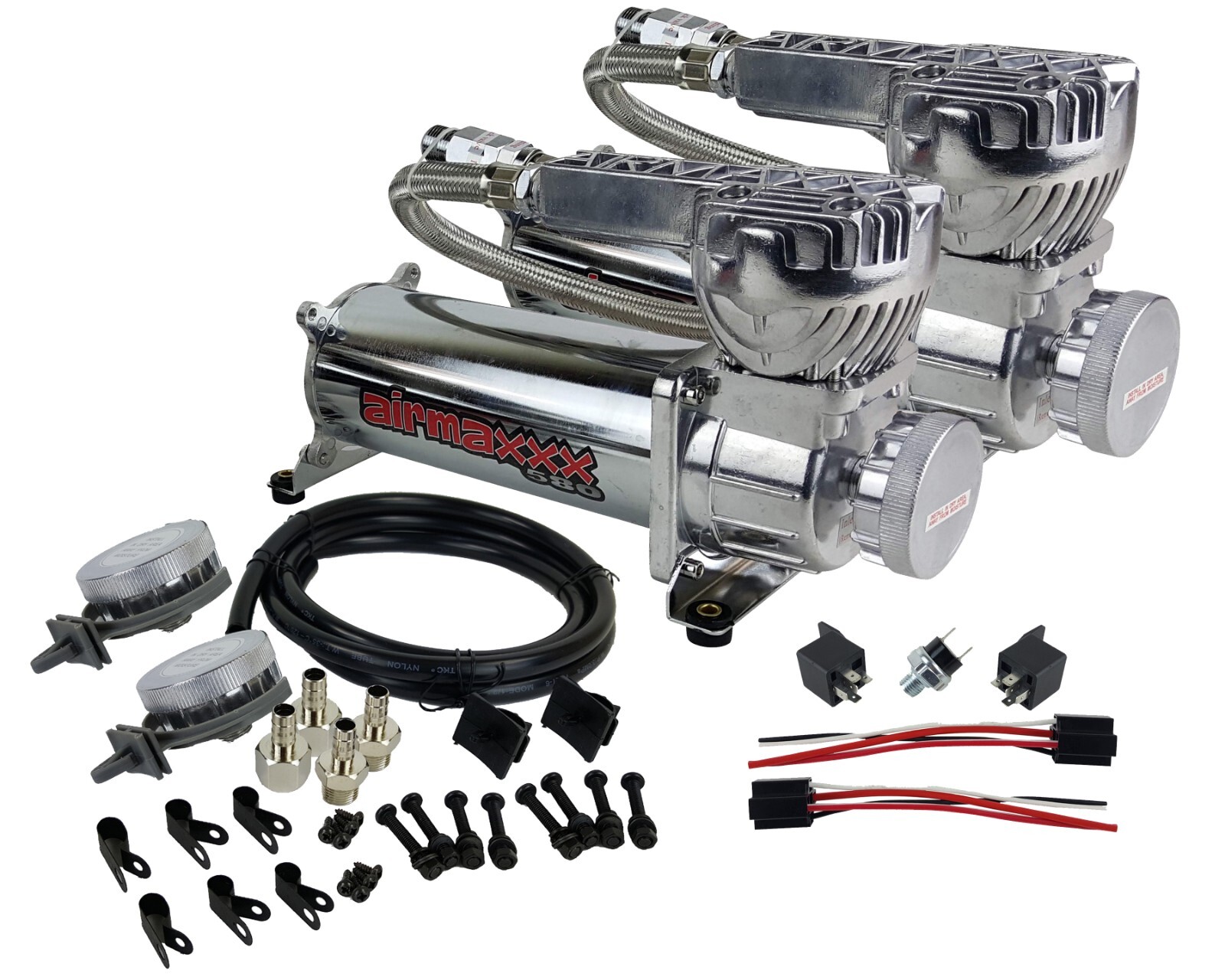 airmaxxx Dual 580 Chrome Compressors with 150/180 Switch & Filter Relocate Kit