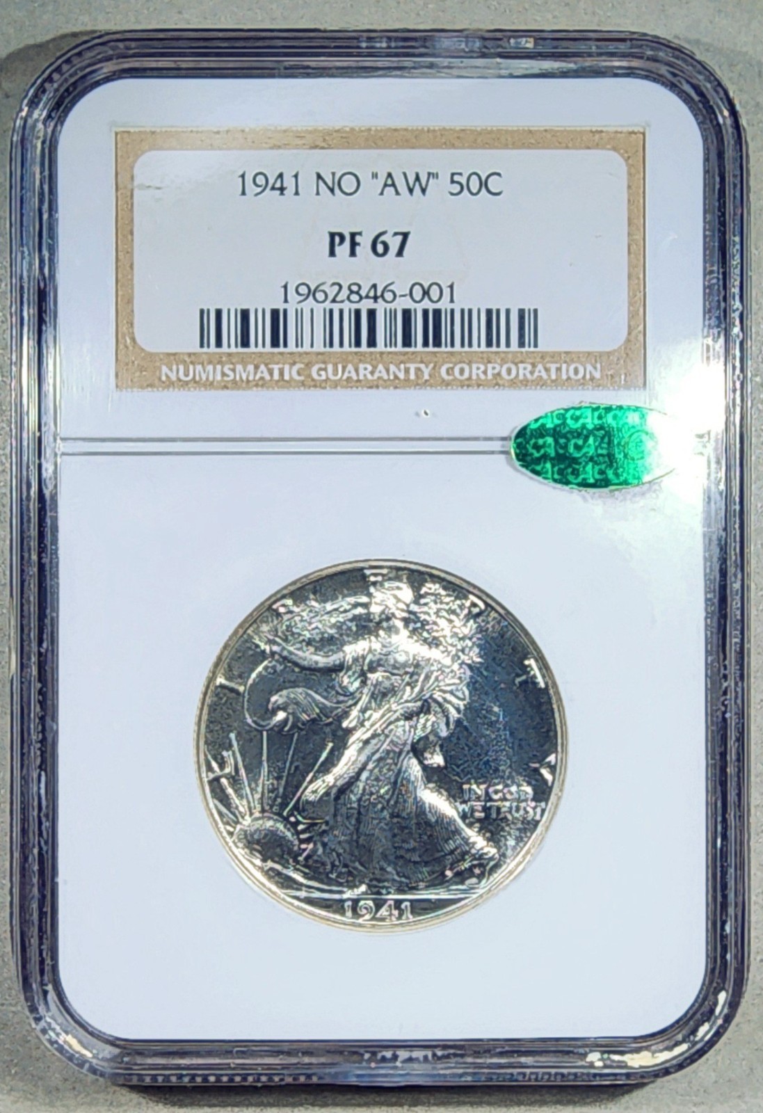 1941 PROOF-67 Walking Liberty Half Dollar NGC PF67 PR67 CAC. No AW. Beautiful!