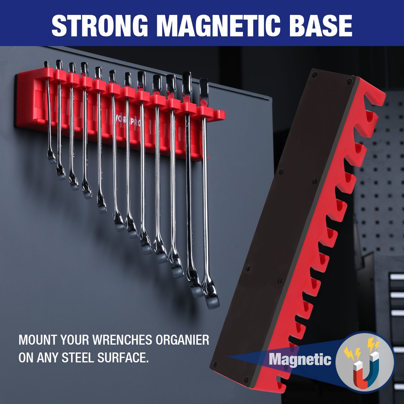 WORKPRO 2-Piece Magnetic Wrench Organizer Wrench Rack Tool Trays SAE&Metric
