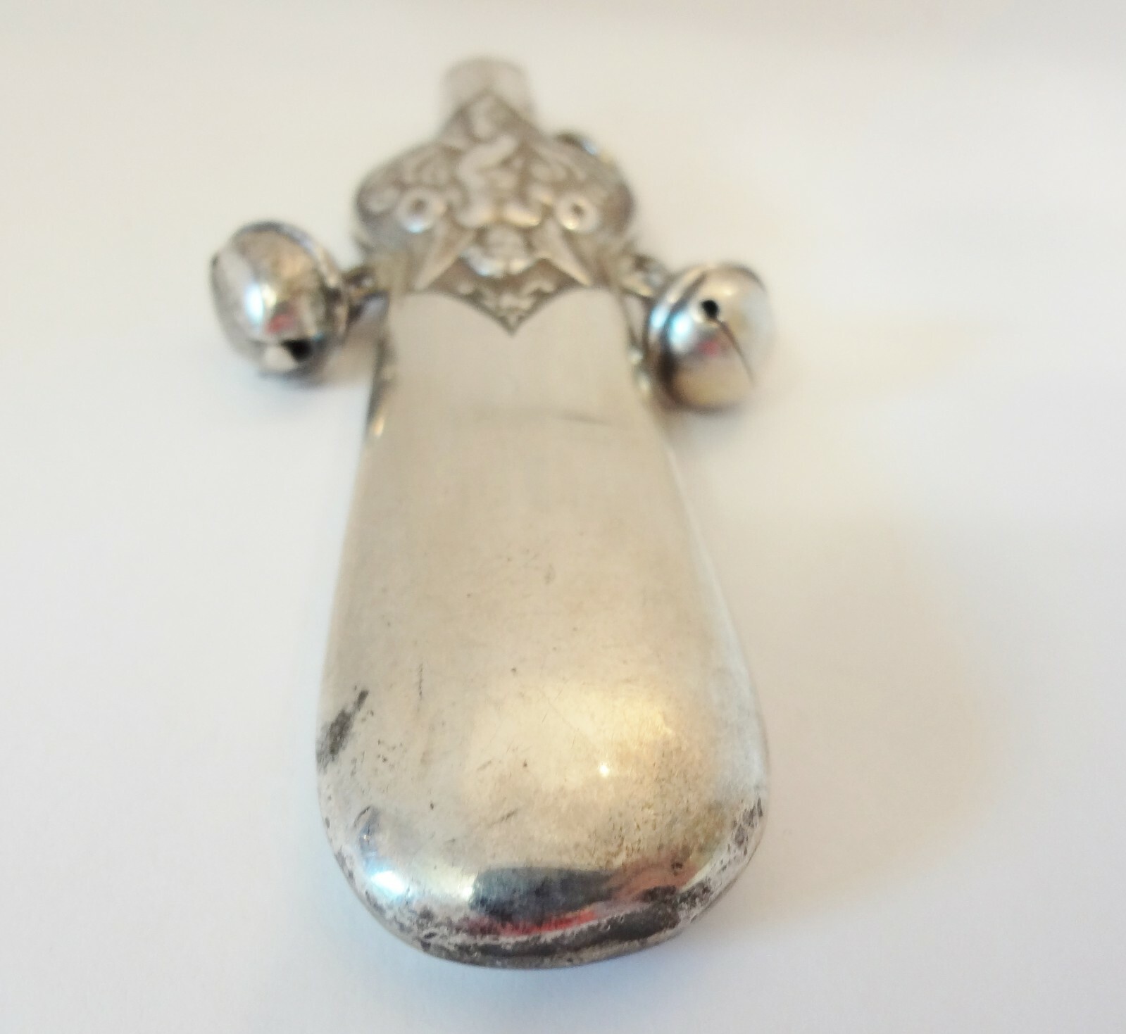 Antique Sterling Silver Baby Rattle Whistle w/ Bells Repousse Cherubs