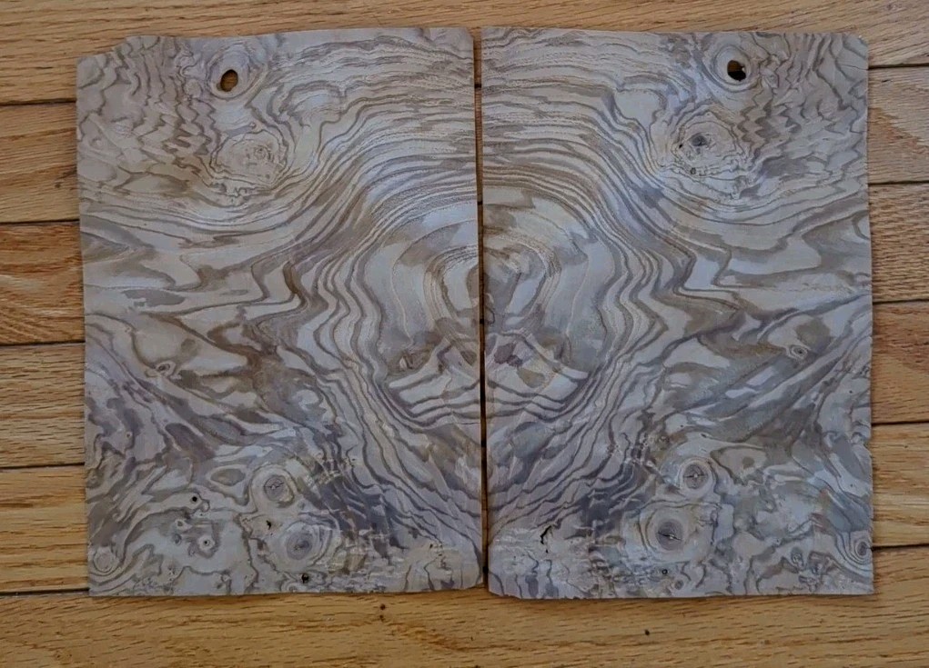 Olive Ash Burl veneer 2 pcs 10 1/4" x 7" ea raw 1/42 wood Buckled lil crack