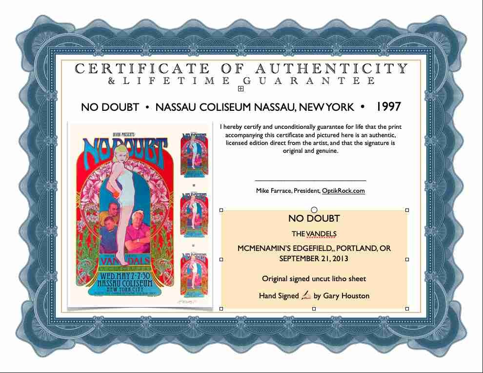 No Doubt Very Rare Orig 1996 Uncut Proof Nassau Coliseum Signed Bob Masse COA