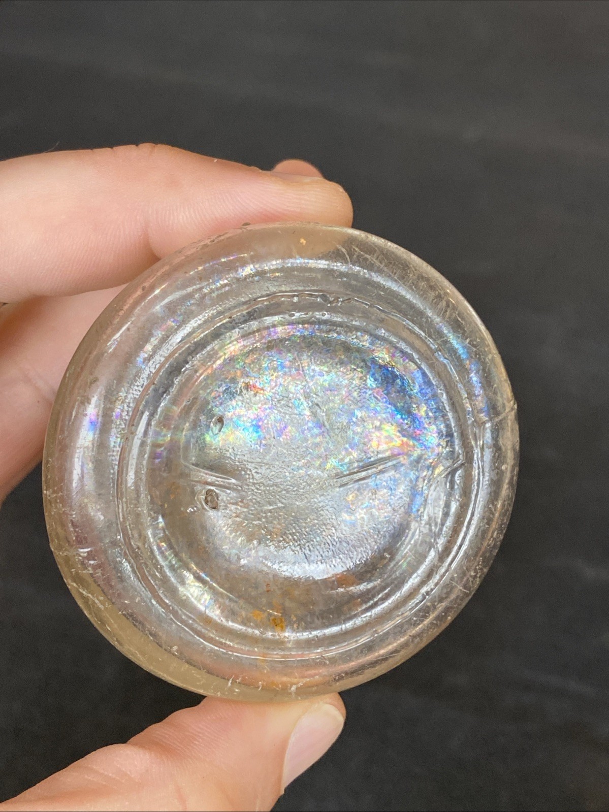 Antique Iridescent Clear Sheered Lip Cone Ring Shoulder 19th C Ink Well Bottle