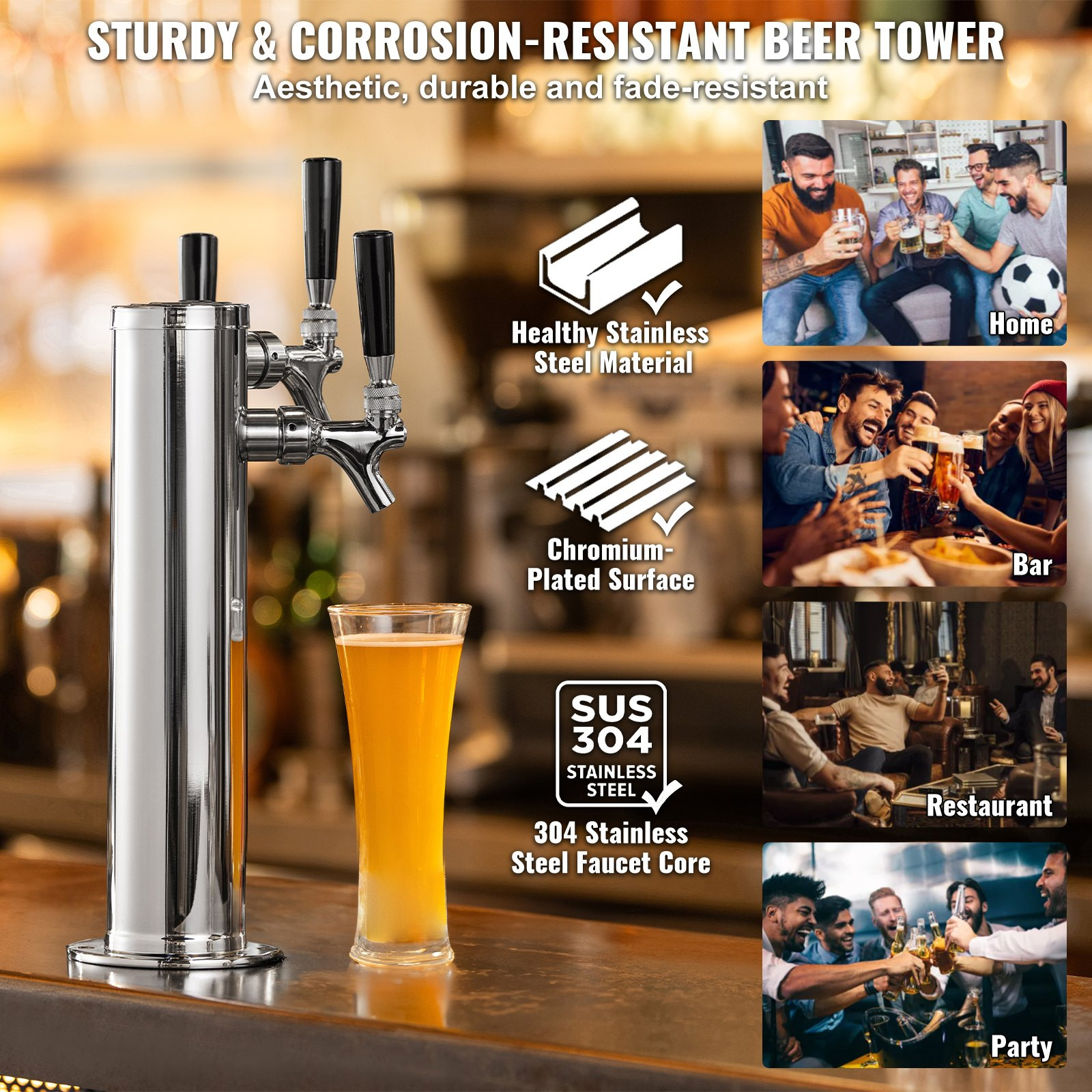 3 Tap Kegerator Beer Tower Stainless Steel Insulated Self-Closing Faucets Kit