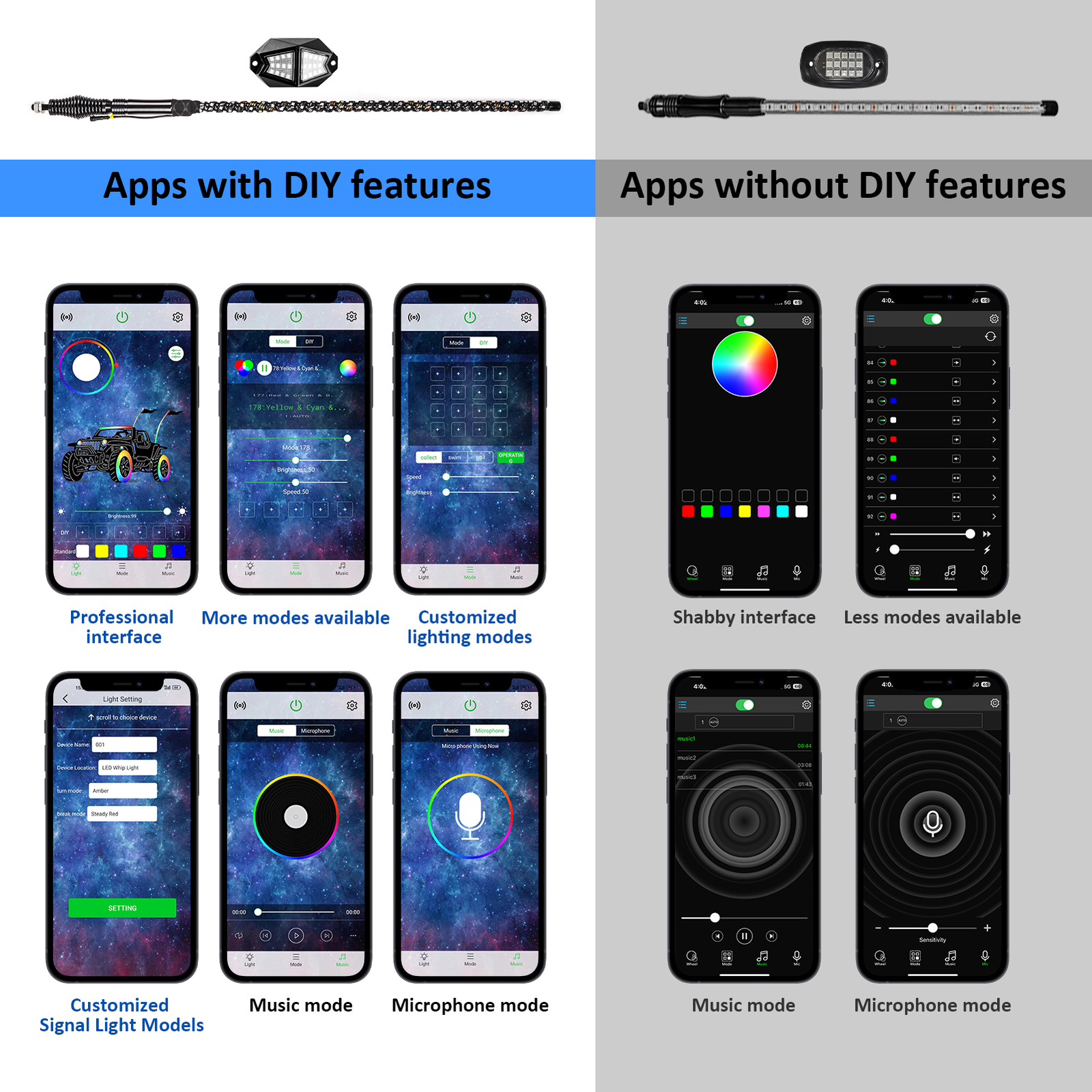 Pair 4FT Spiral RGB LED Lighted Whip Lights + 8 Pods Rock Light For ATV UTV RZR